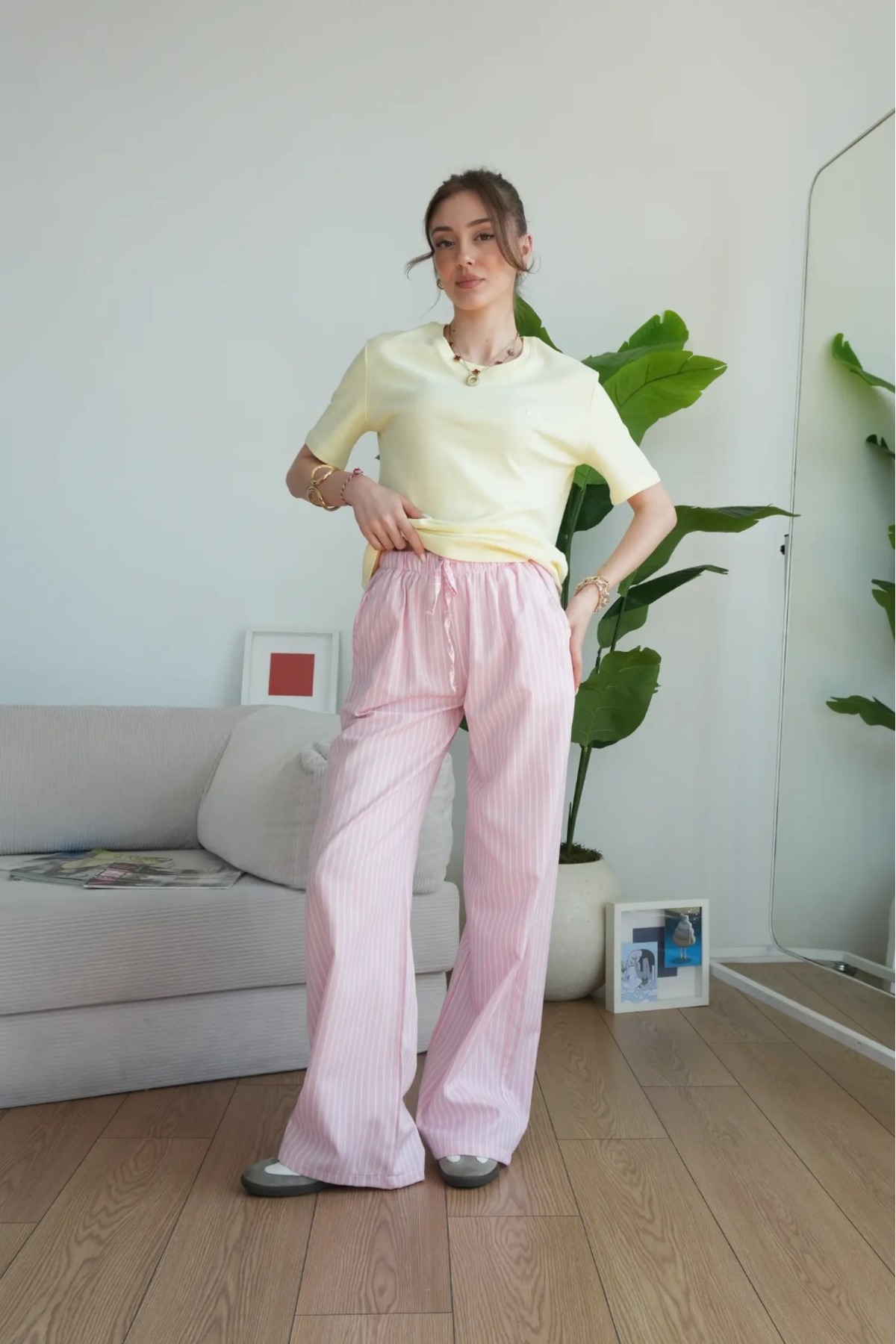 CODER SW  Pembe Çizgili Cepli Bol Paça Kadın Pantolon - Görsel 2