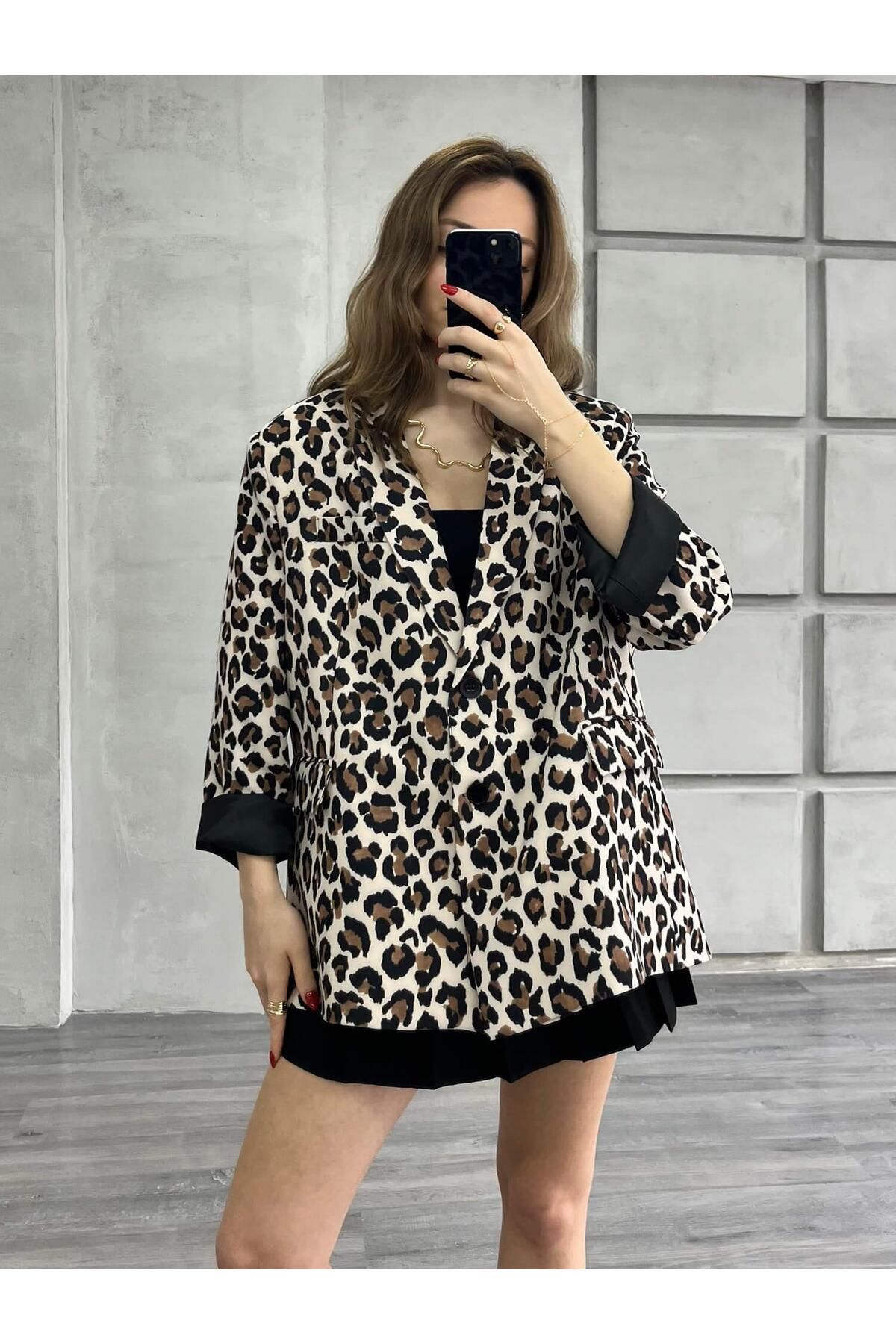 Coral İki Düğmeli Leopar Desenli Ceket Kahve - Siyah