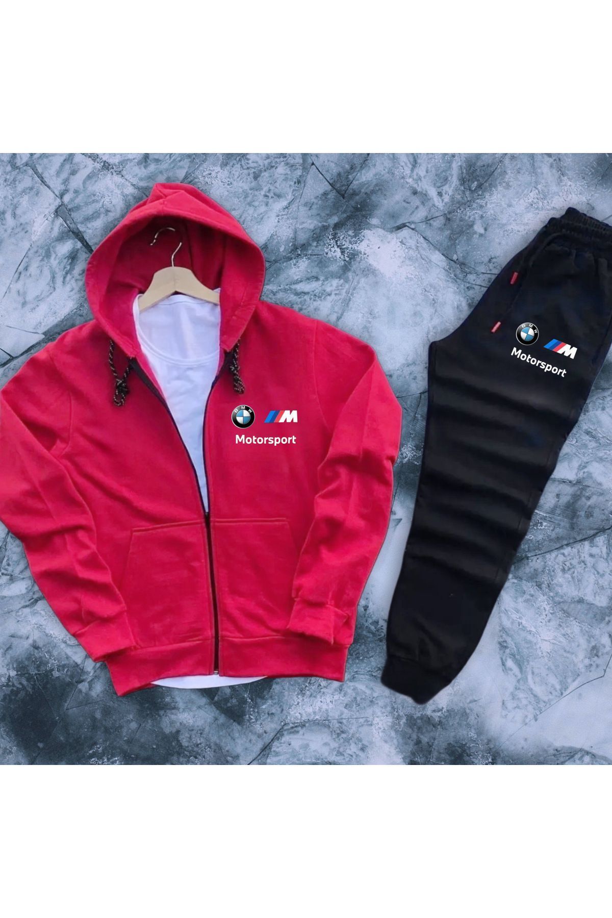 NEW TRENDY COLLECTİON Kapüşonlu boydan fermuarlı BMW motorsport görsel baskılı eşofman takımı