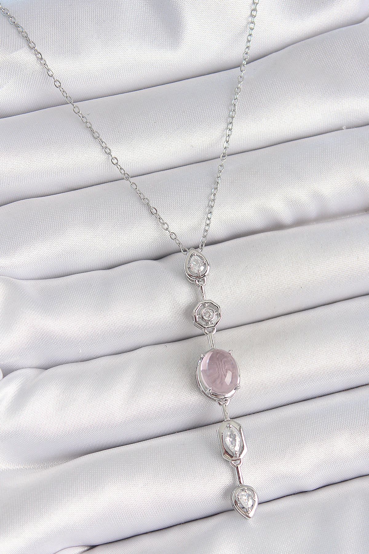 callerrons accessories Gümüş Renk Zincir Zirkon Taşlı Pembe Sedefli Y Model Dekolte Kadın Kolye - EBJ250519W34044