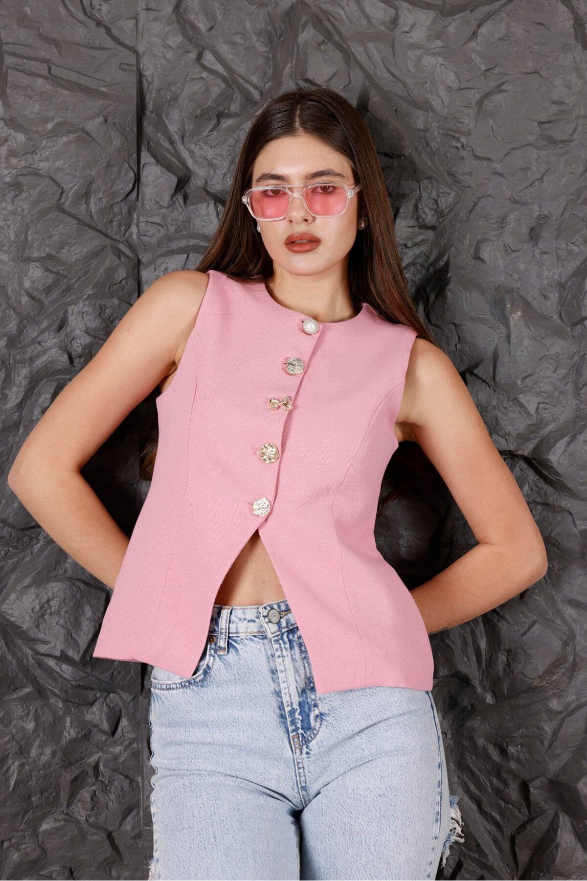 Pulli Collection %100 Keten Düğme Detaylı Yelek