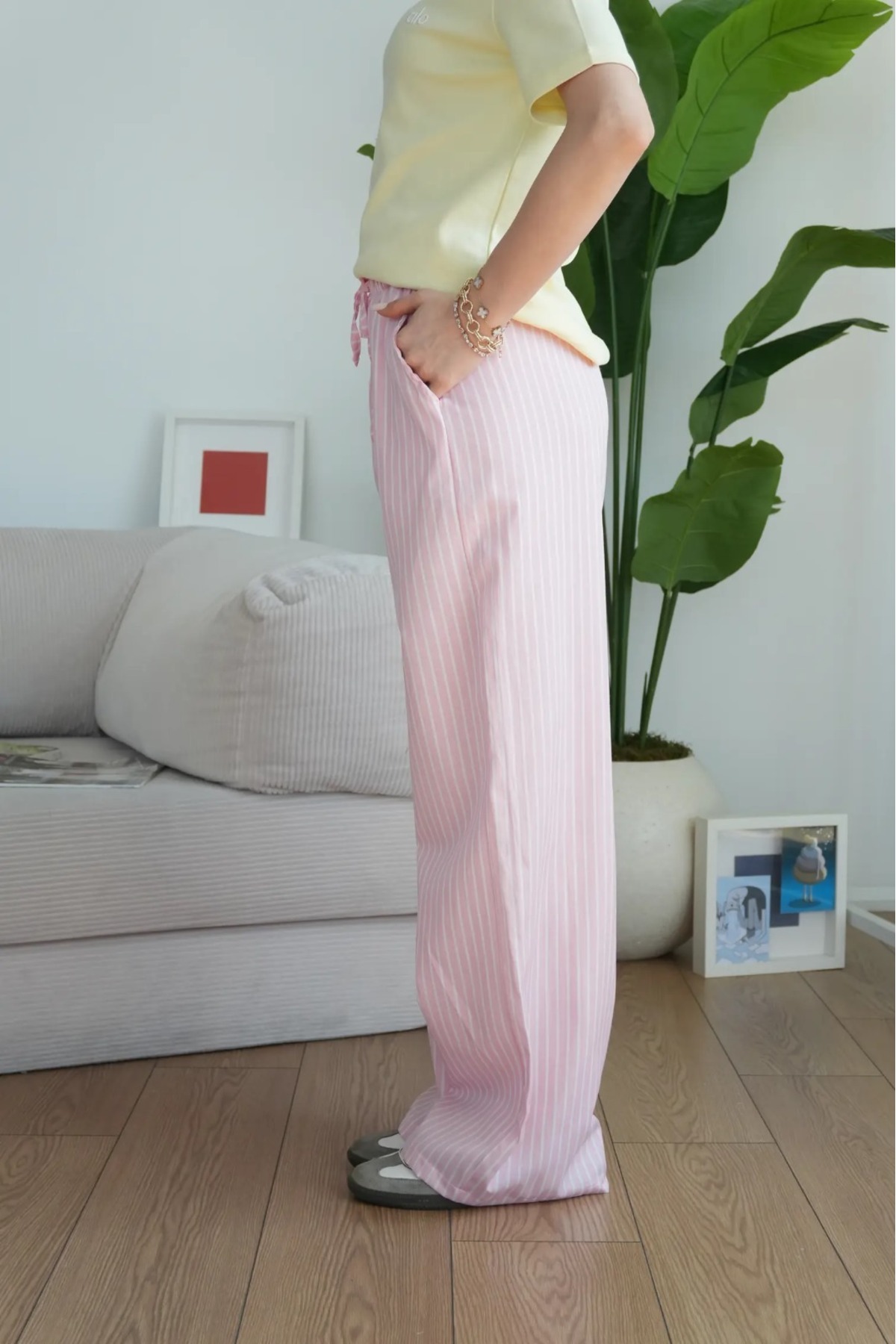 CODER SW  Pembe Çizgili Cepli Bol Paça Kadın Pantolon - Görsel 4