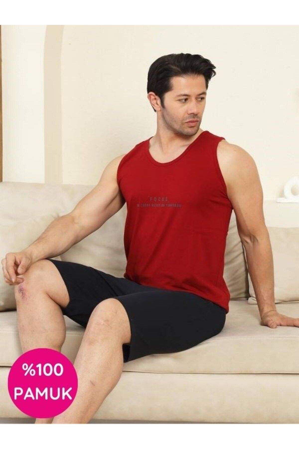 bie's Erkek Bisiklet Yaka Düğmesiz %100 Pamuk Atlet Sporcu Kol Cepli Şortlu Pijama Takımı