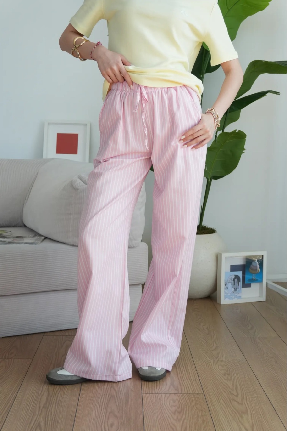 CODER SW  Pembe Çizgili Cepli Bol Paça Kadın Pantolon - Görsel 3