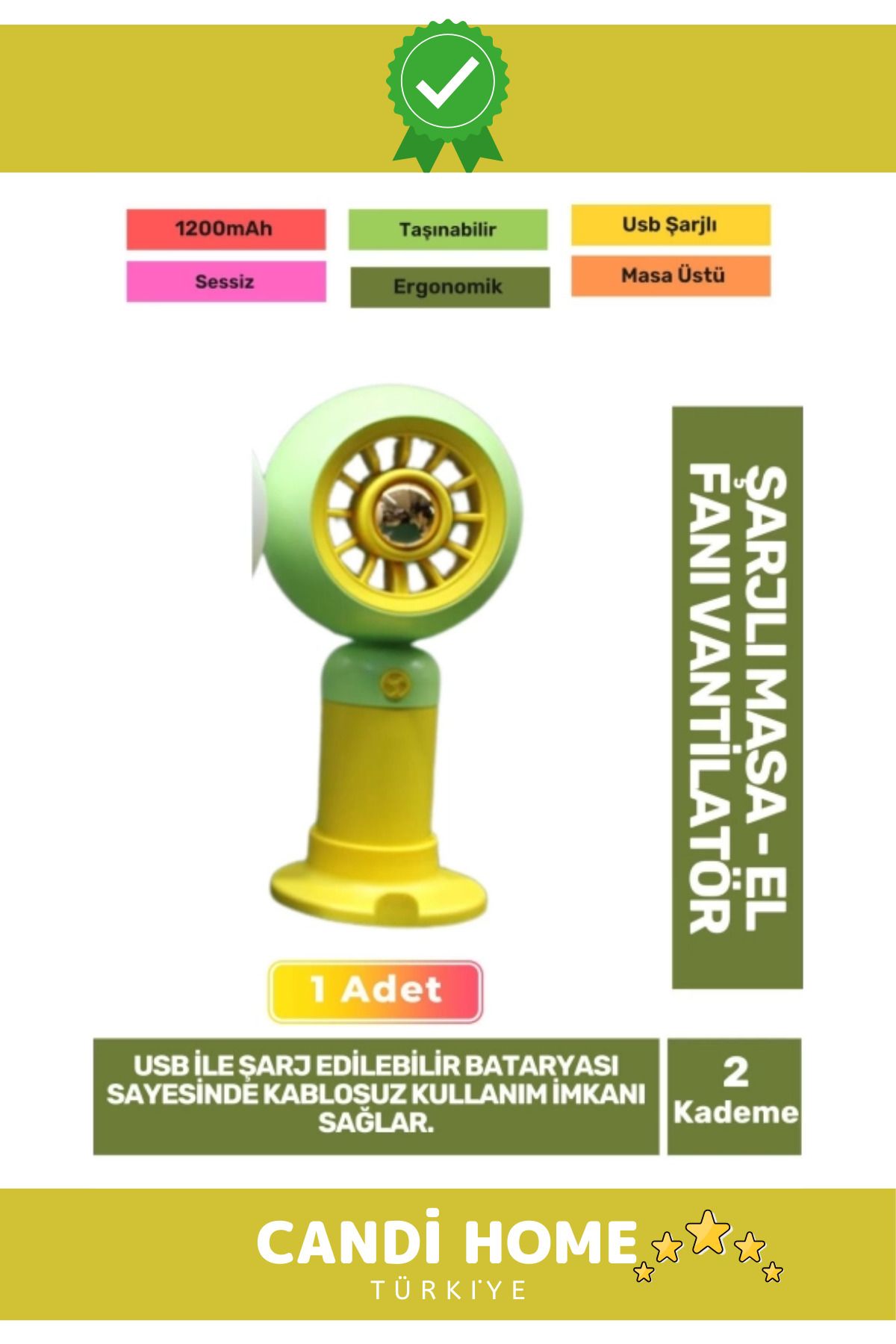 HOBİ CONDİ Premium Özel Seri Sessiz 2 Kademe Kablosuz 1200mAh Pervaneli Usb Şarjlı Masa El Fanı Vantilatör