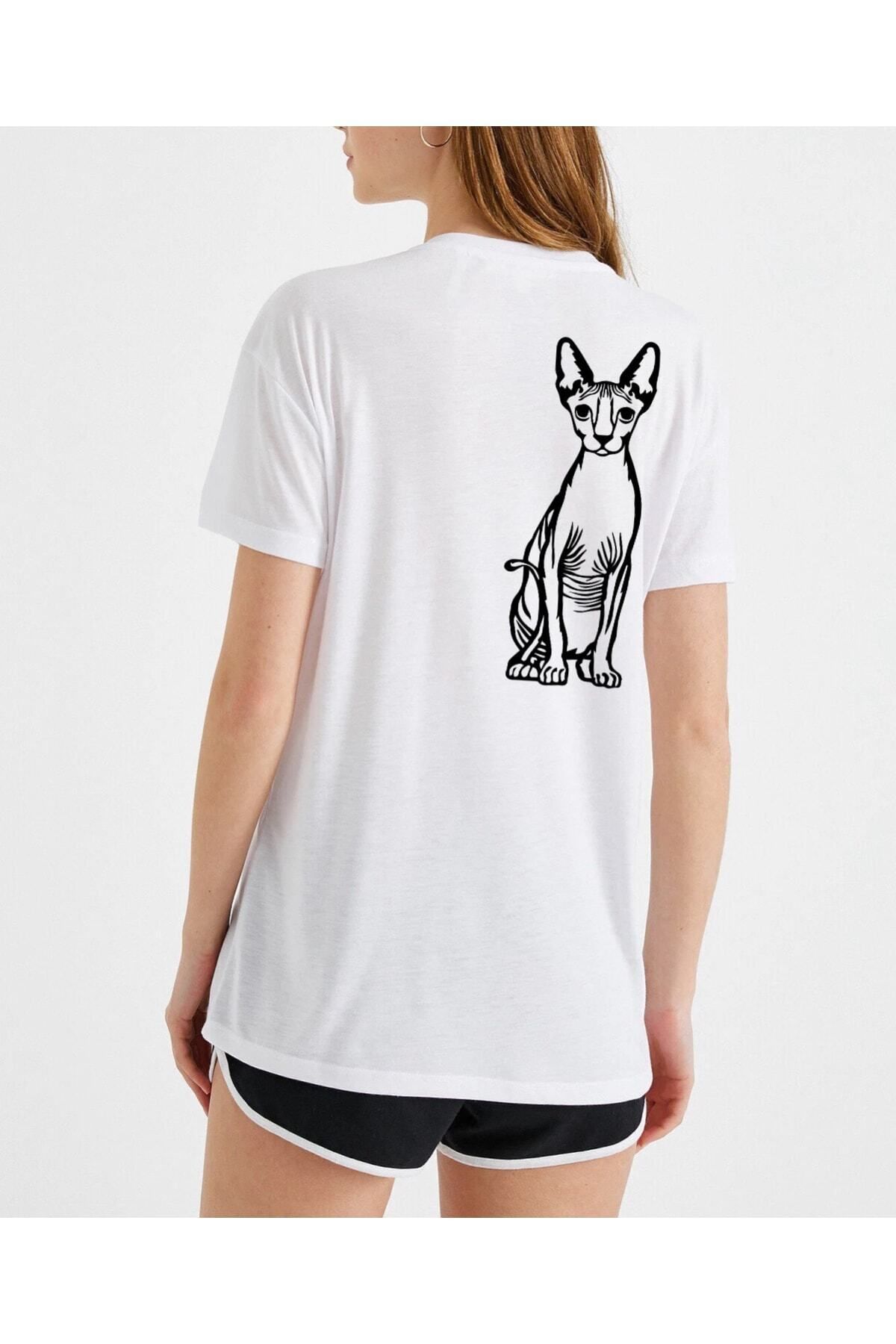 donamod Regular Unisex Sırt Baskılı Sfenks Kedi Tasarımlı Beyaz Tshirt