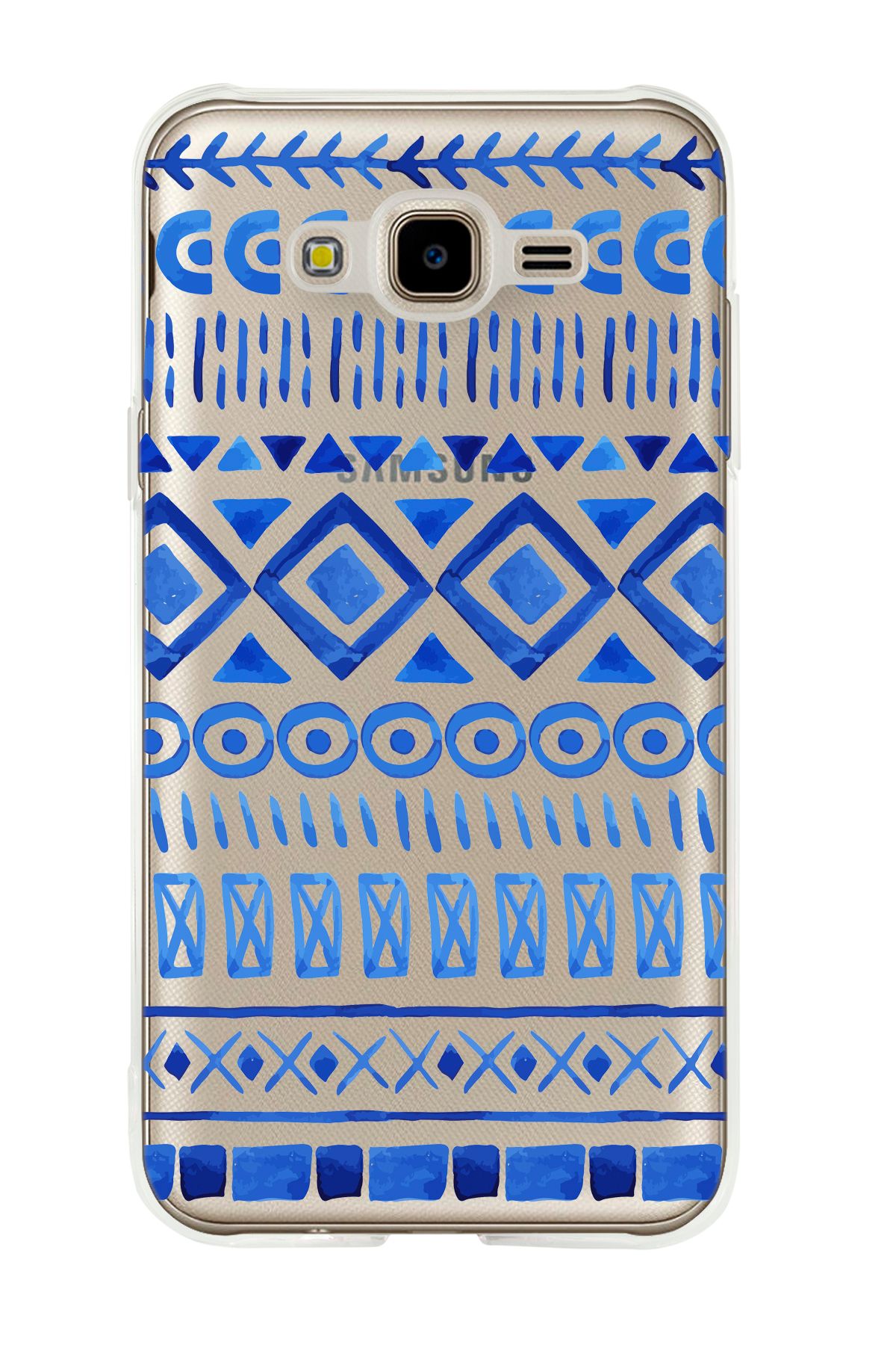 mooodcase Galaxy J7 Core Uyumlu Etnik İndigo Desenli Şeffaf Silikonlu Telefon Kılıfı