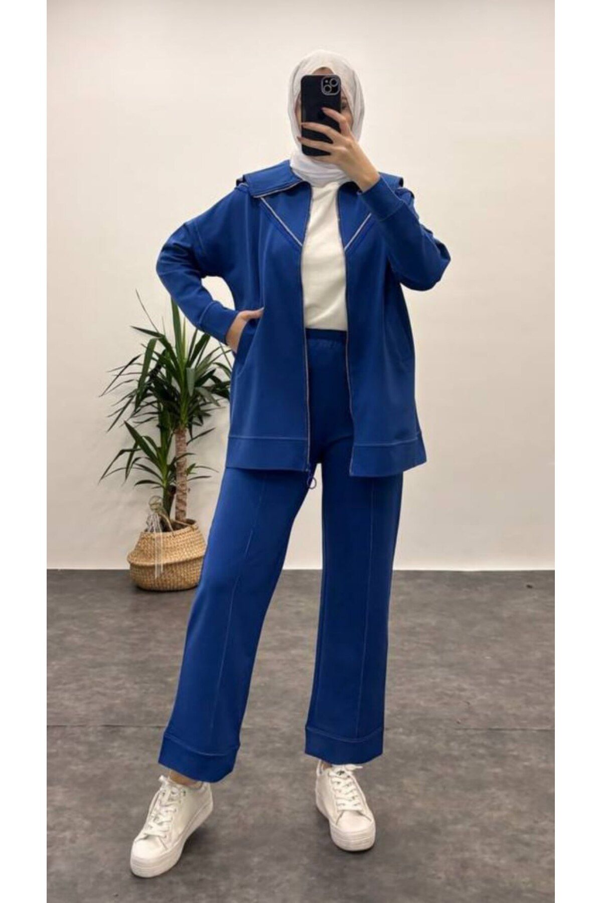 Suede Style 9257 - Şık Rahat Dikiş Detaylı Fermuarlı Kadın Pantolonlu Takım
