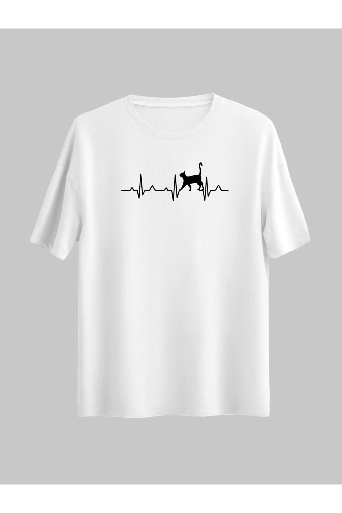 donamod Kedi Kalp Ritim Evcil Hayvan Tasarım Çizgisel Unisex Tshirt