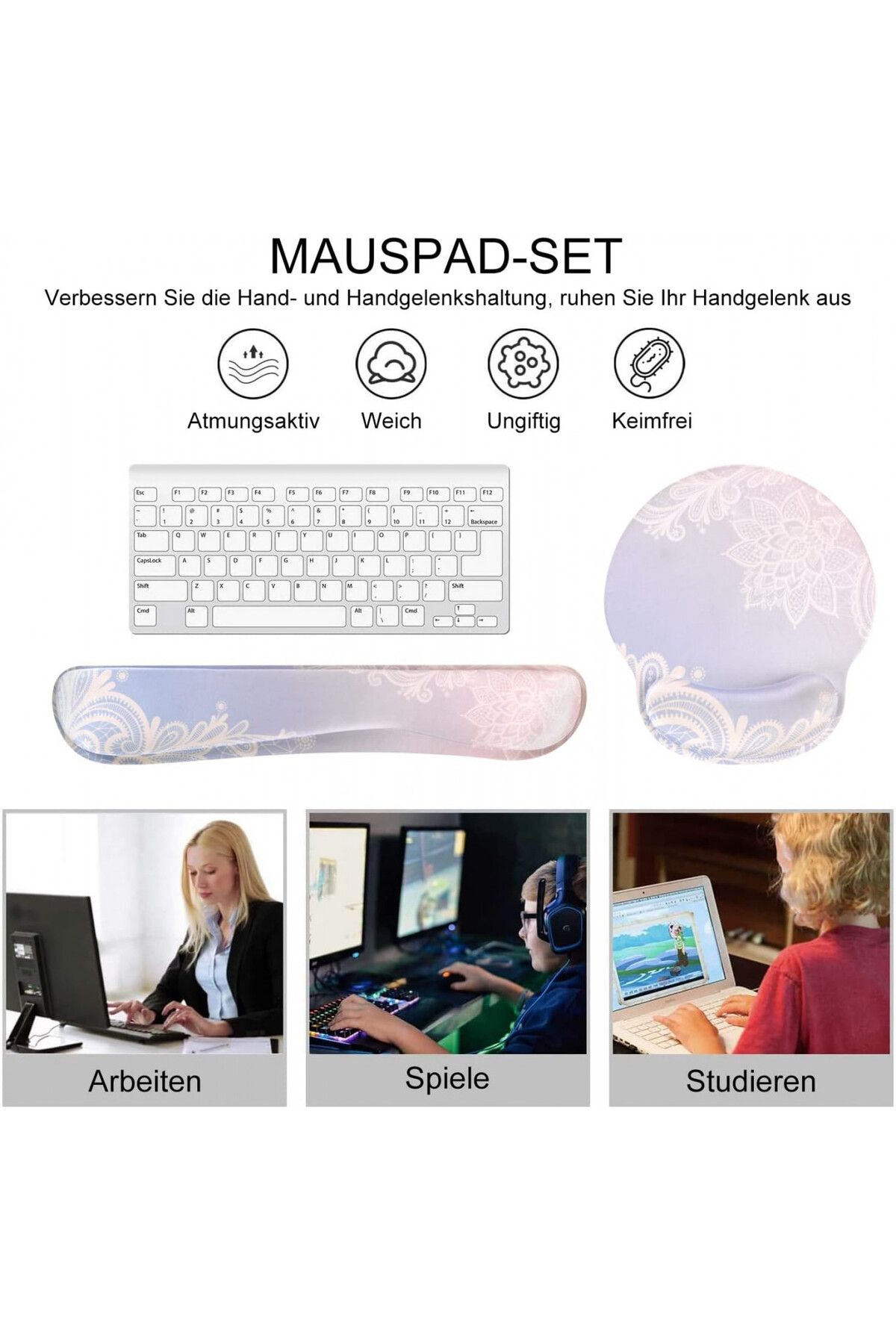 Haocoo-Mousepad And Wrist Rest Set, Memory Foam/pu Rubber, Pink/white/purple 3