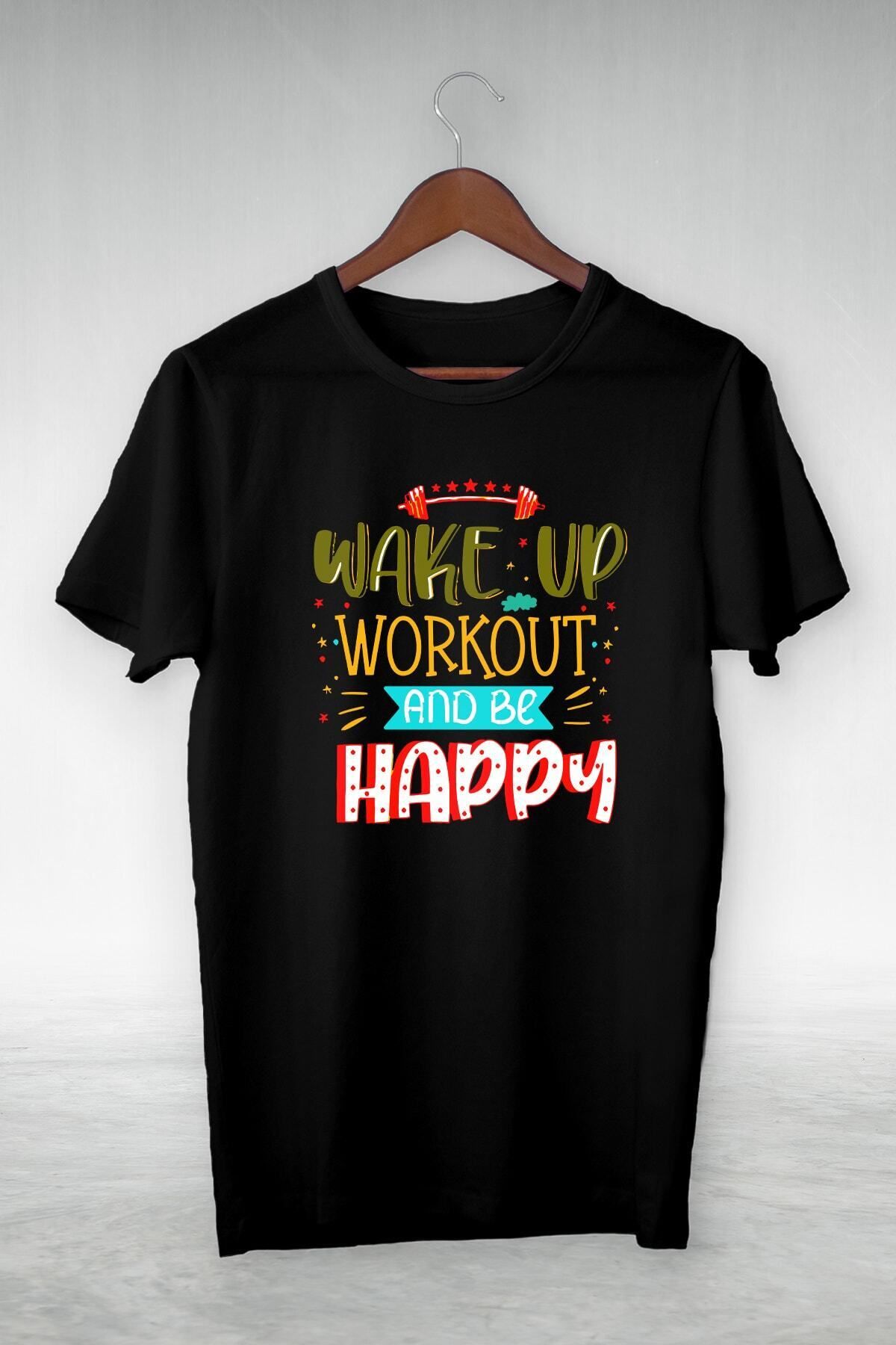donamod Siyah -Wake Up Work Out And Be Happy-ıllustrasyon Çizim -Vip Tasarım Tshirt