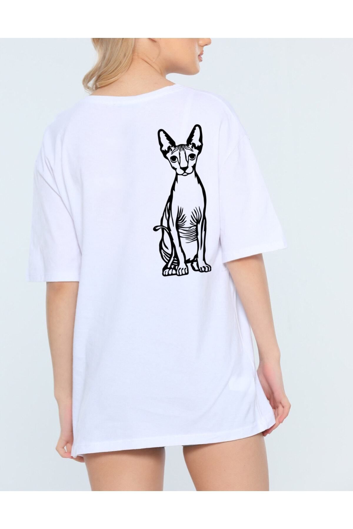 donamod Oversize Unisex Sırt Baskılı Sfenks Kedi Tasarımlı Beyaz Tshirt