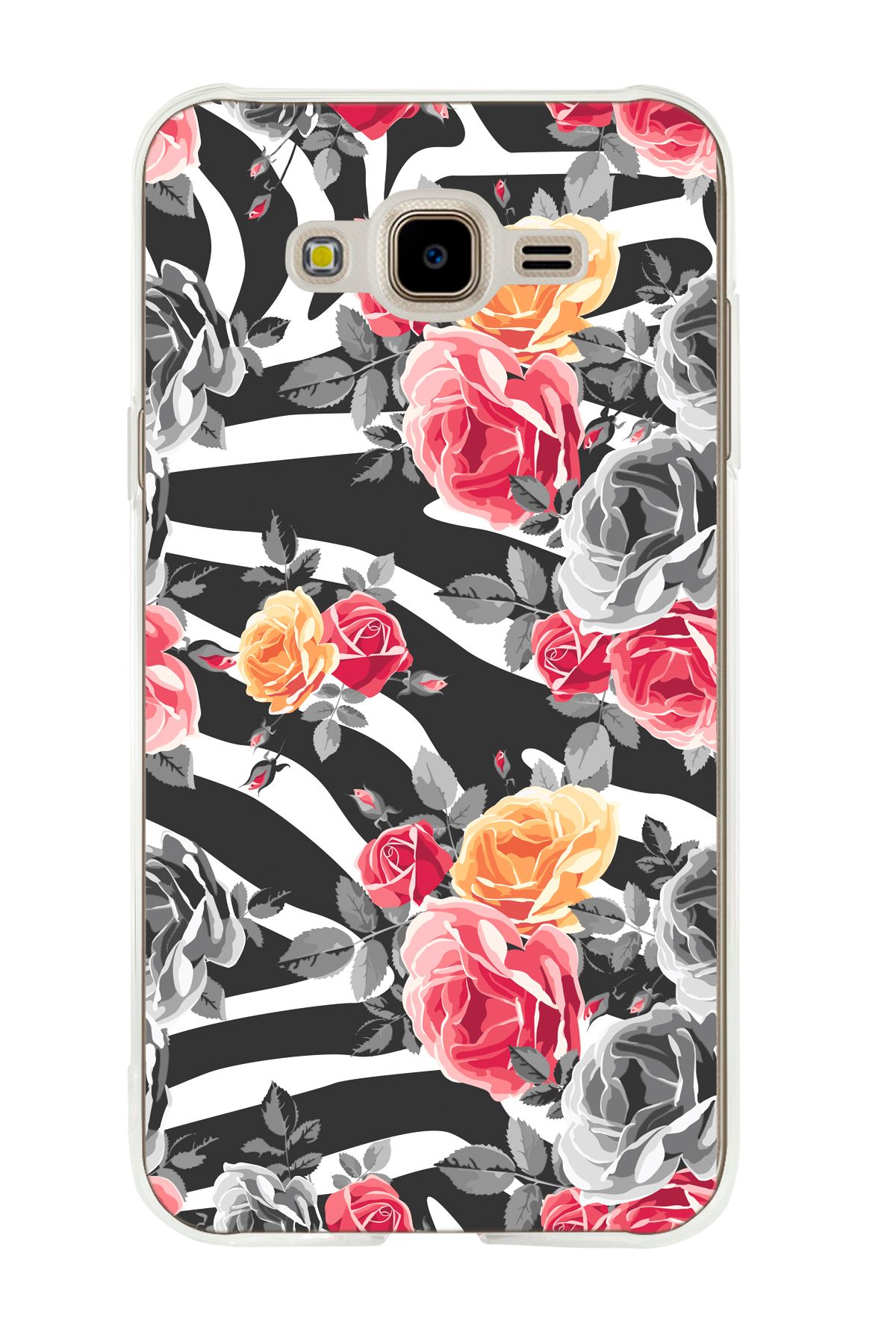 mooodcase Galaxy J7 2015 Uyumlu Zebra Gülleri Desenli Şeffaf Silikonlu Telefon Kılıfı