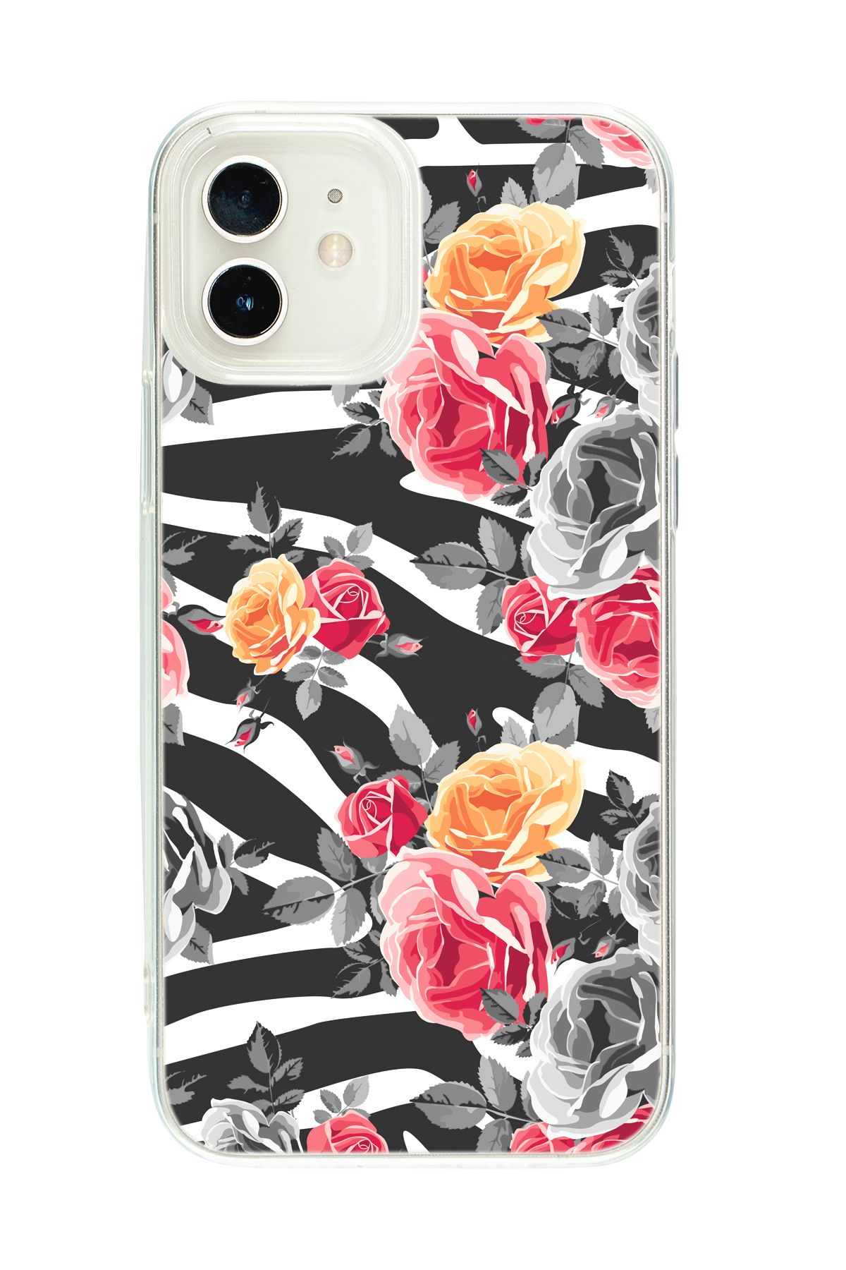 mooodcase iPhone 12 Uyumlu Zebra Gülleri Desenli Şeffaf Silikonlu Telefon Kılıfı
