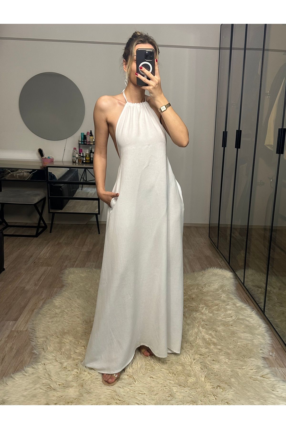 NET OF NOT Cara Beyaz Halter Yaka Sırt Dekolteli %100 Bambu Keten Elbise