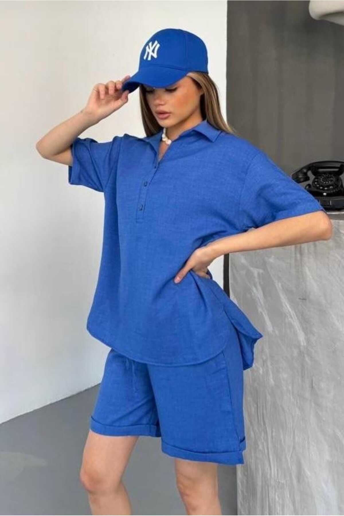 bb butik basic Kolay Ütü Sofia Keten Şortlu Takım SF3096