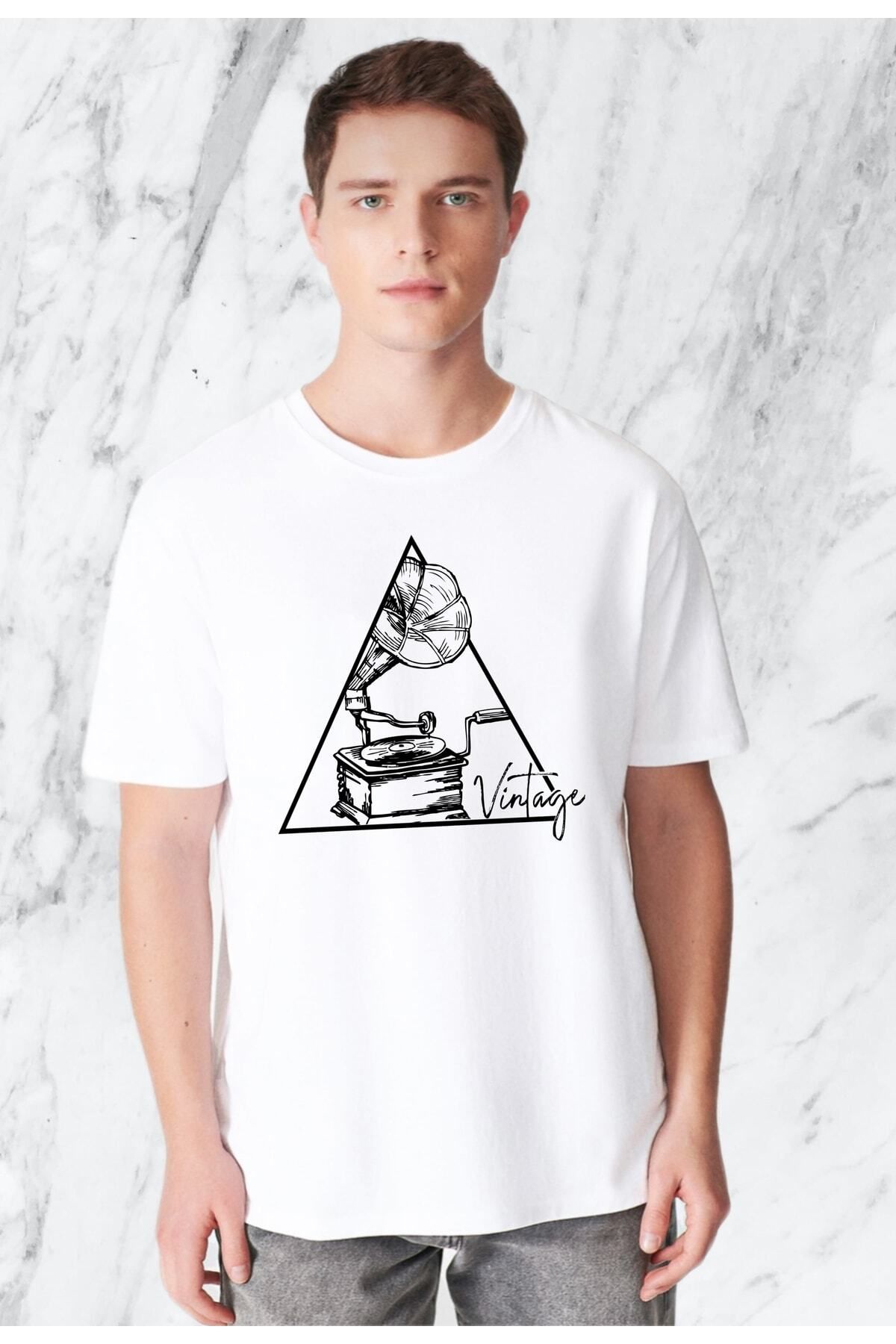 donamod Erkek Vintage Gramafon Baskılı Regular Tshirt