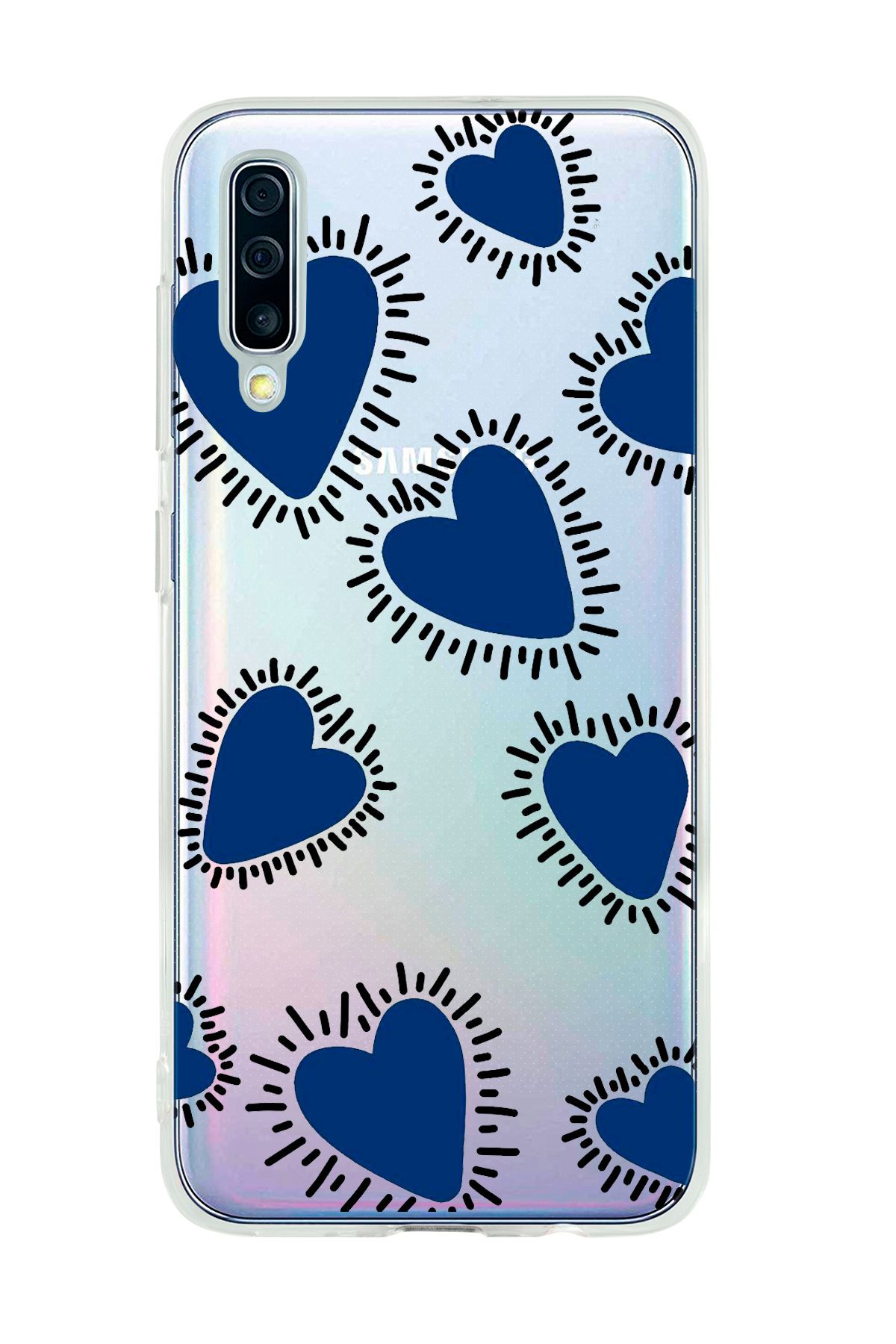 mooodcase Galaxy A50 Uyumlu Çizgili Mavi Kalpler Desenli Şeffaf Silikonlu Telefon Kılıfı