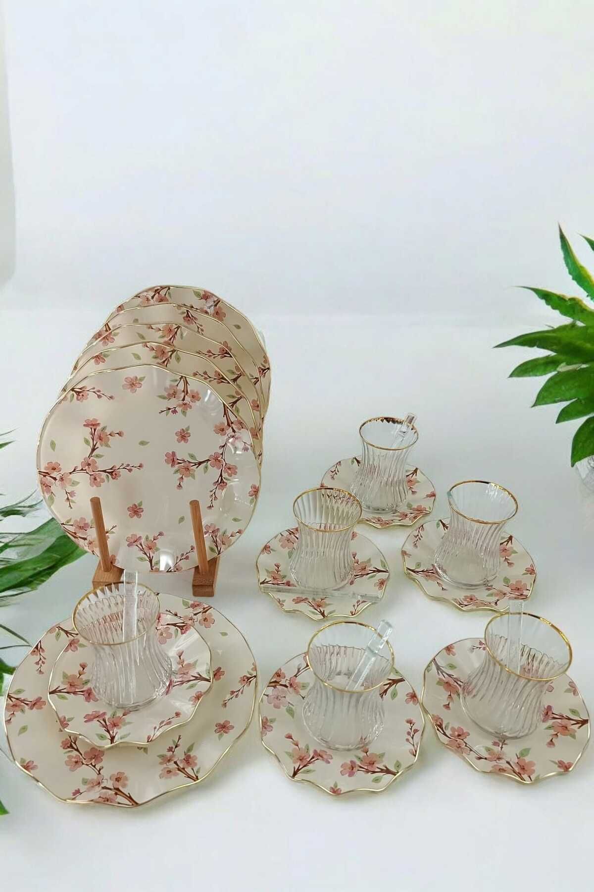 ariana sytle 24 Parça 6 Kişilik Desenli Yaldızlı Çay Pasta Seti 01