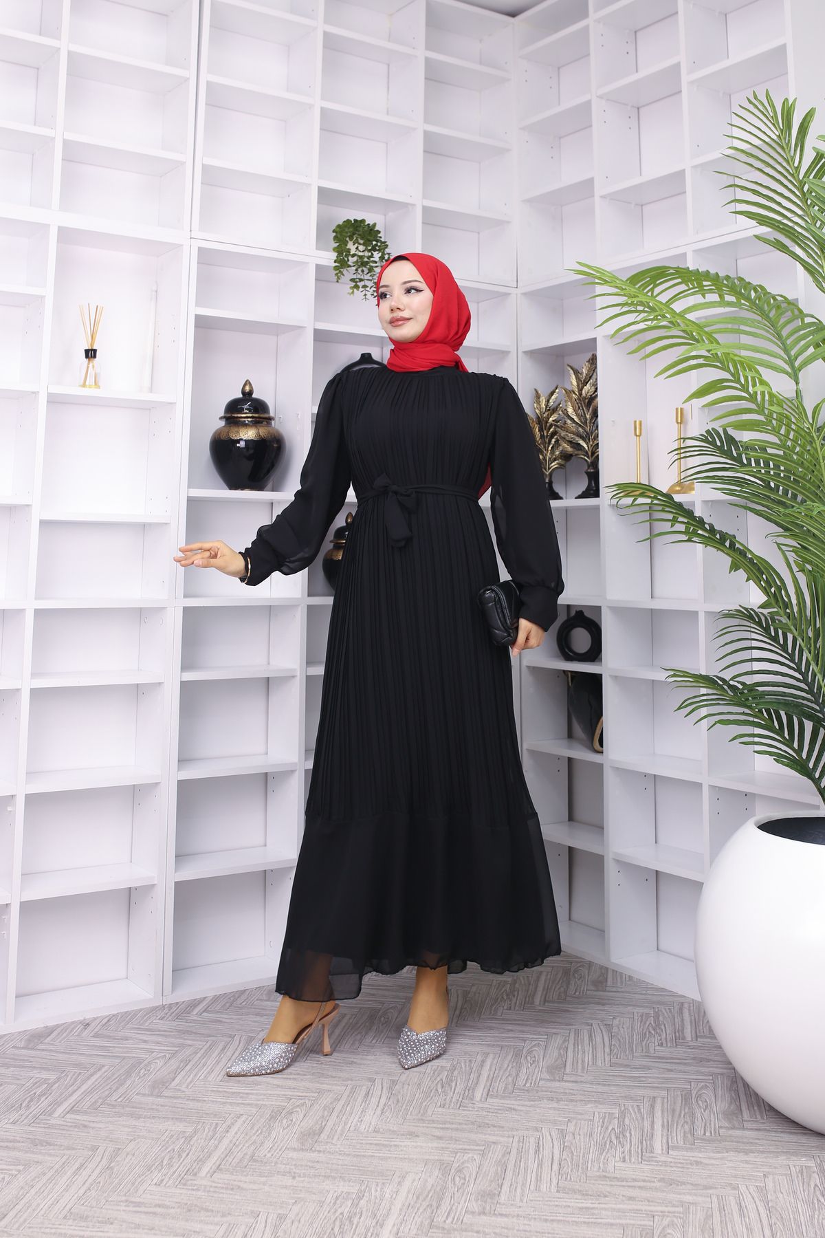 TOKARİS TEKSTİL-Women's Pleated Lined Chiffon Dress 6