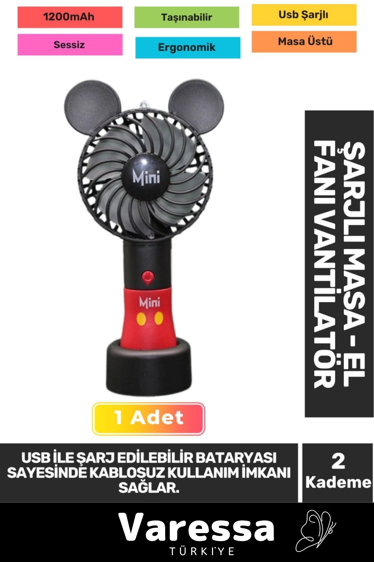 VARESSA Yeni Sessiz 2 Kademe Hafif Kablosuz 1200mAh Pervaneli Taşınabilir Usb Şarjlı Masa El Fanı Vantilatör