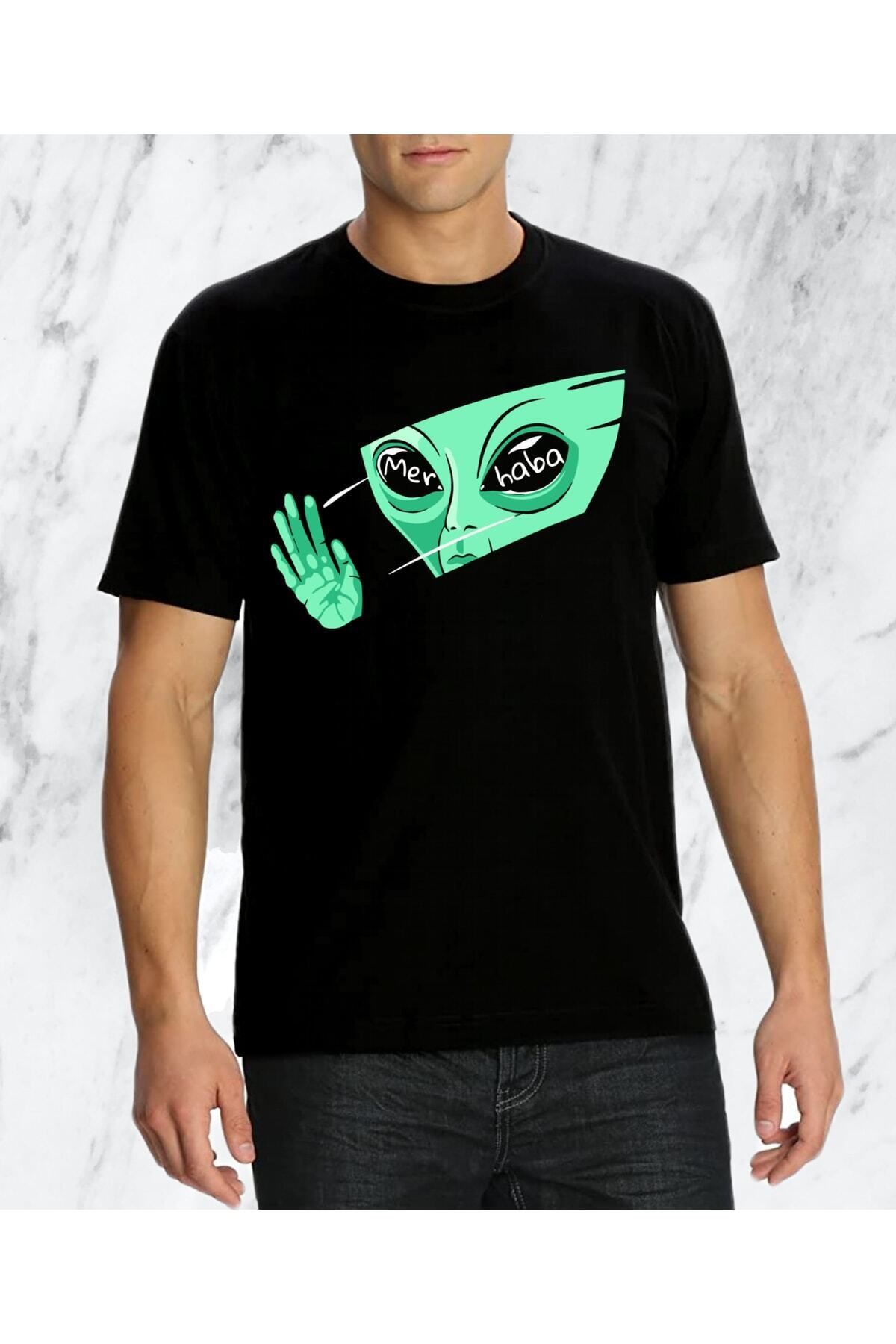 donamod Erkek Uzaylı Ufo Tasarımlı Siyah Regular Tshirt