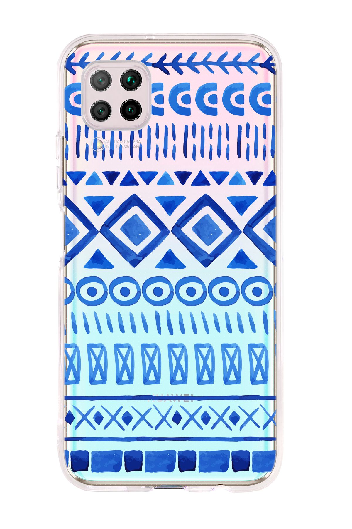 mooodcase Huawei P40 Lite Uyumlu Etnik İndigo Desenli Şeffaf Silikonlu Telefon Kılıfı