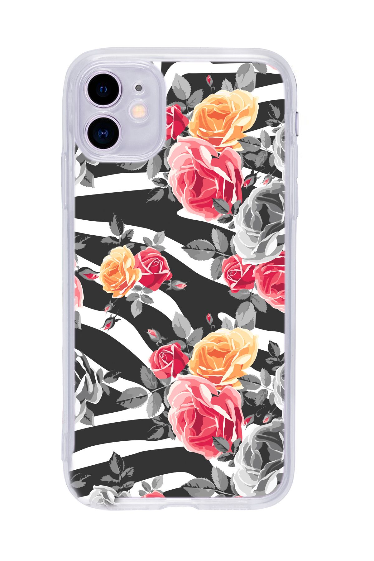mooodcase iPhone 11 Uyumlu Zebra Gülleri Desenli Şeffaf Silikonlu Telefon Kılıfı