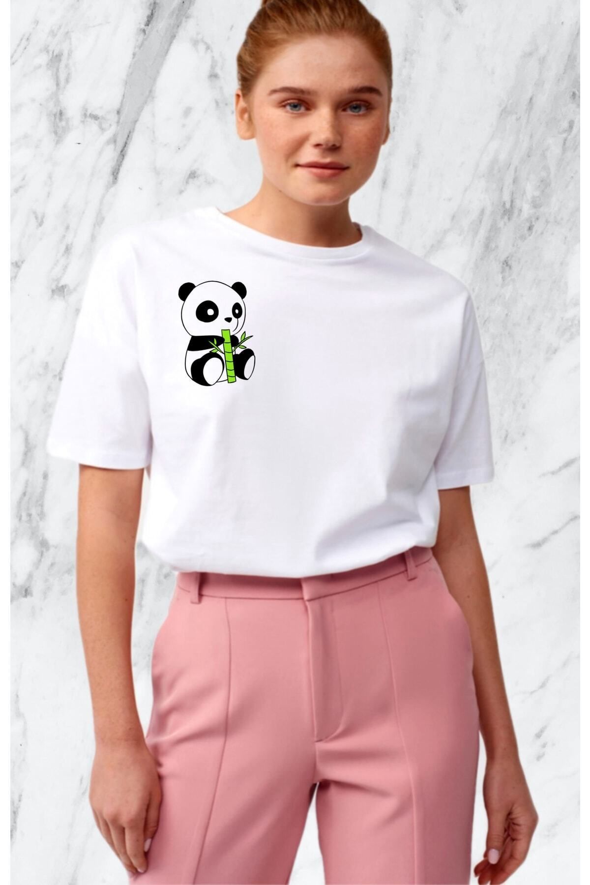 donamod Kadın Panda Tasarım Beyaz Regular Tshirt