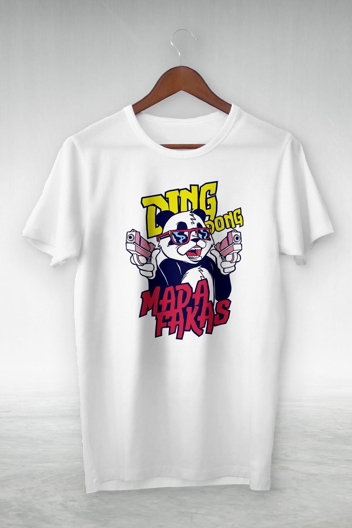 donamod Unisex Beyaz- Gangster Panda-Ilustrasyon Çizim -Vip Tasarım Tshirt