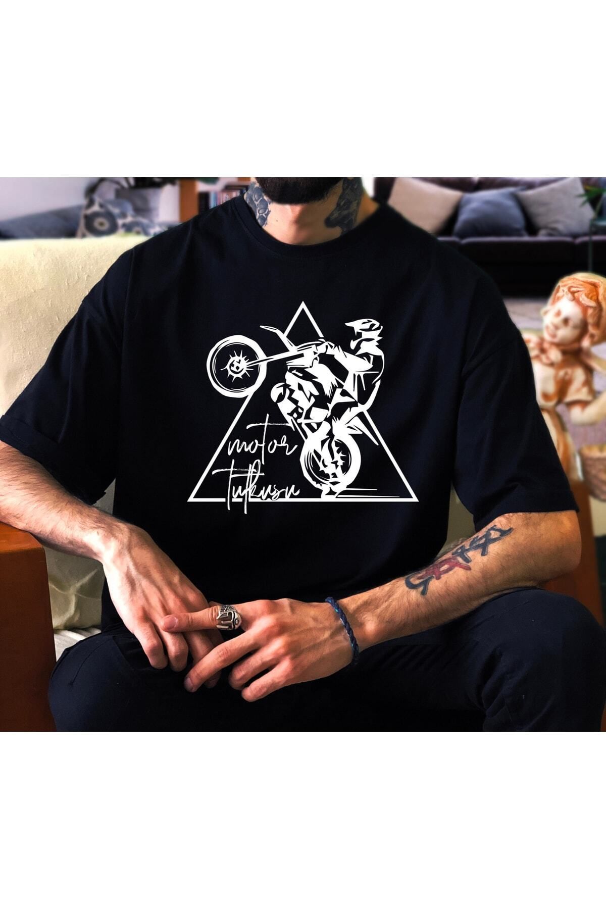 donamod Oversize Unisex Motor Tutkusu Siyah Tshirt