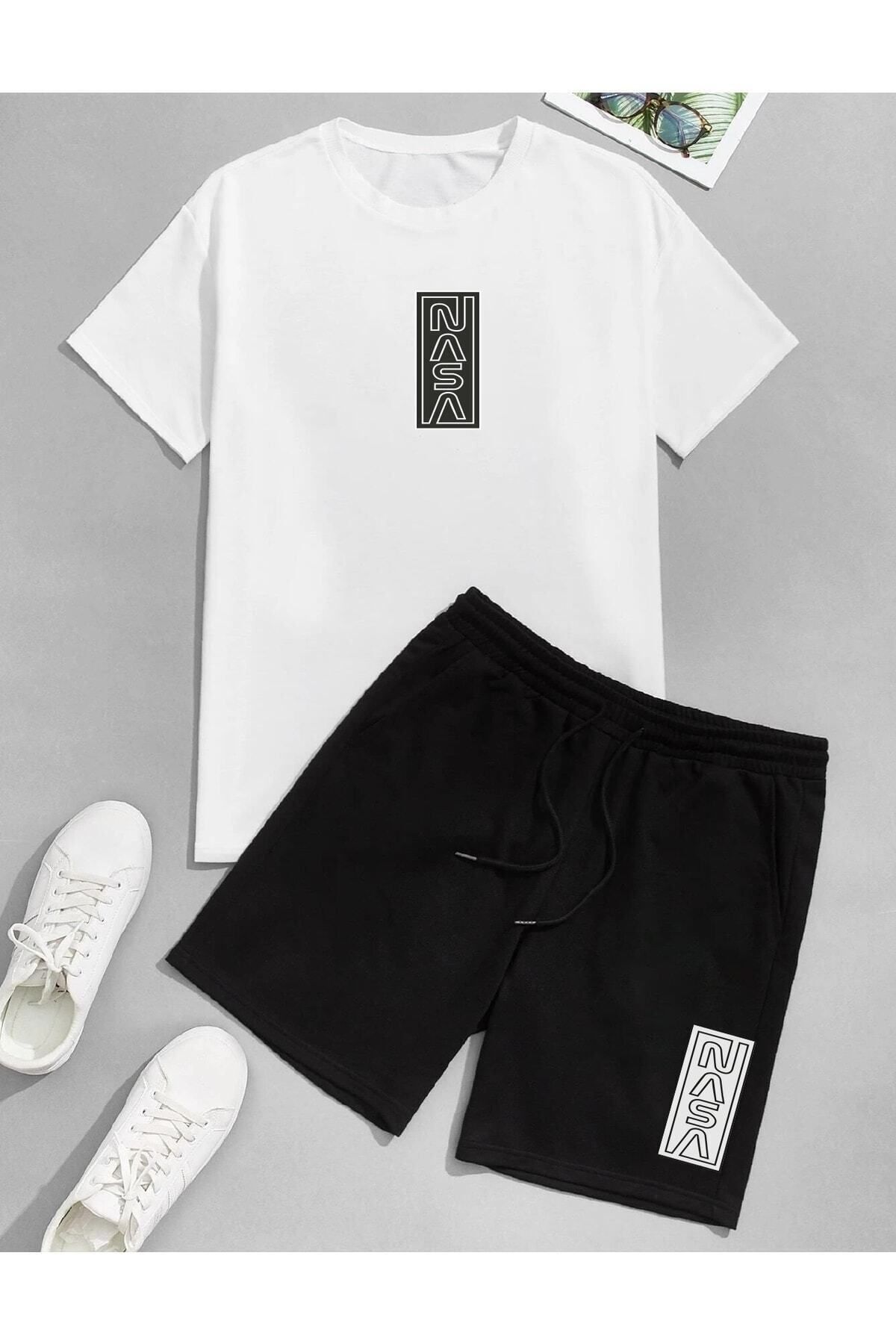 donamod Unisex Nasa Minimal Baskılı Oversize T-shirt Ve Şort Kombin