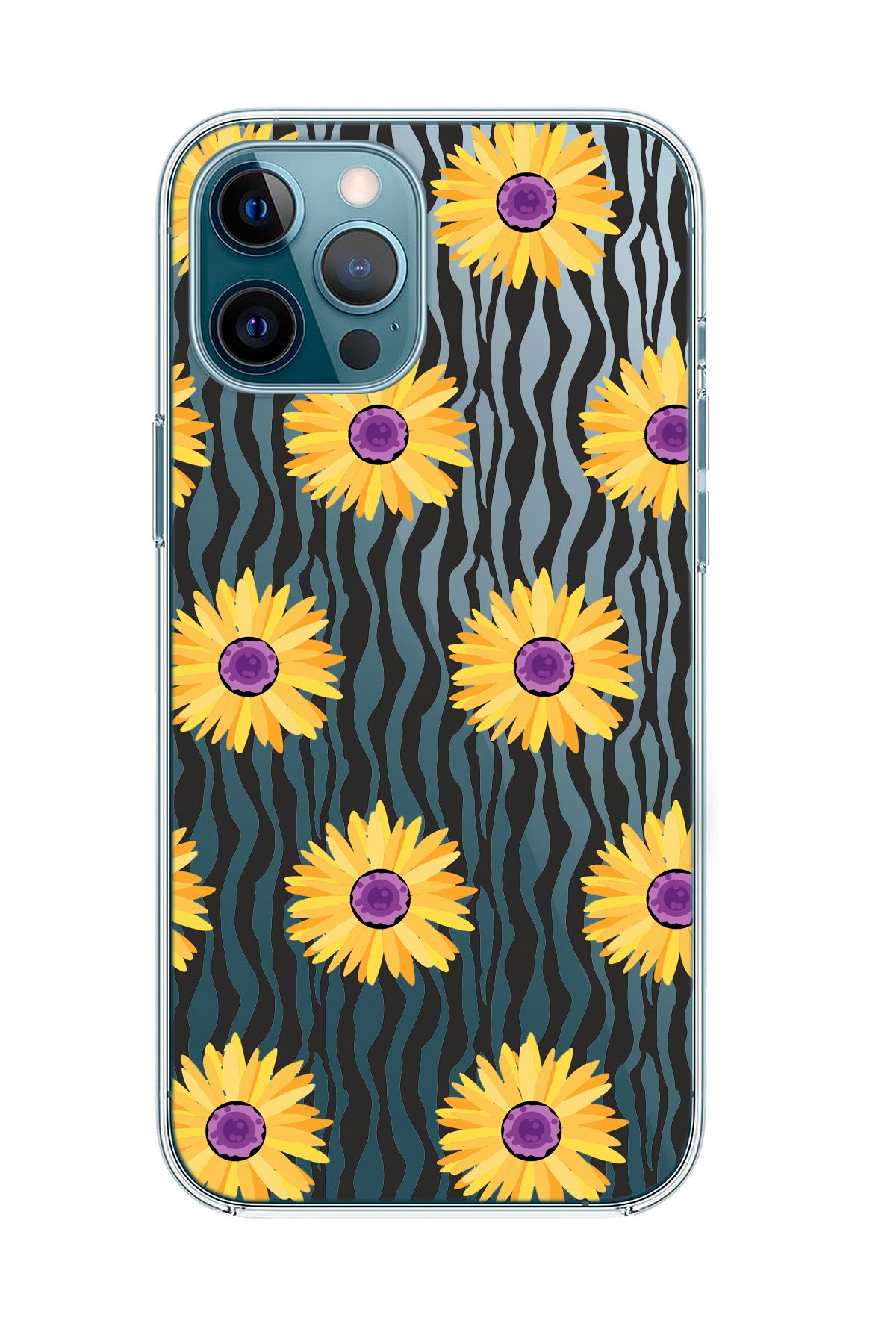 mooodcase iPhone 12 Pro Max Uyumlu Sarı Papatyalar Desenli Şeffaf Silikonlu Telefon Kılıfı