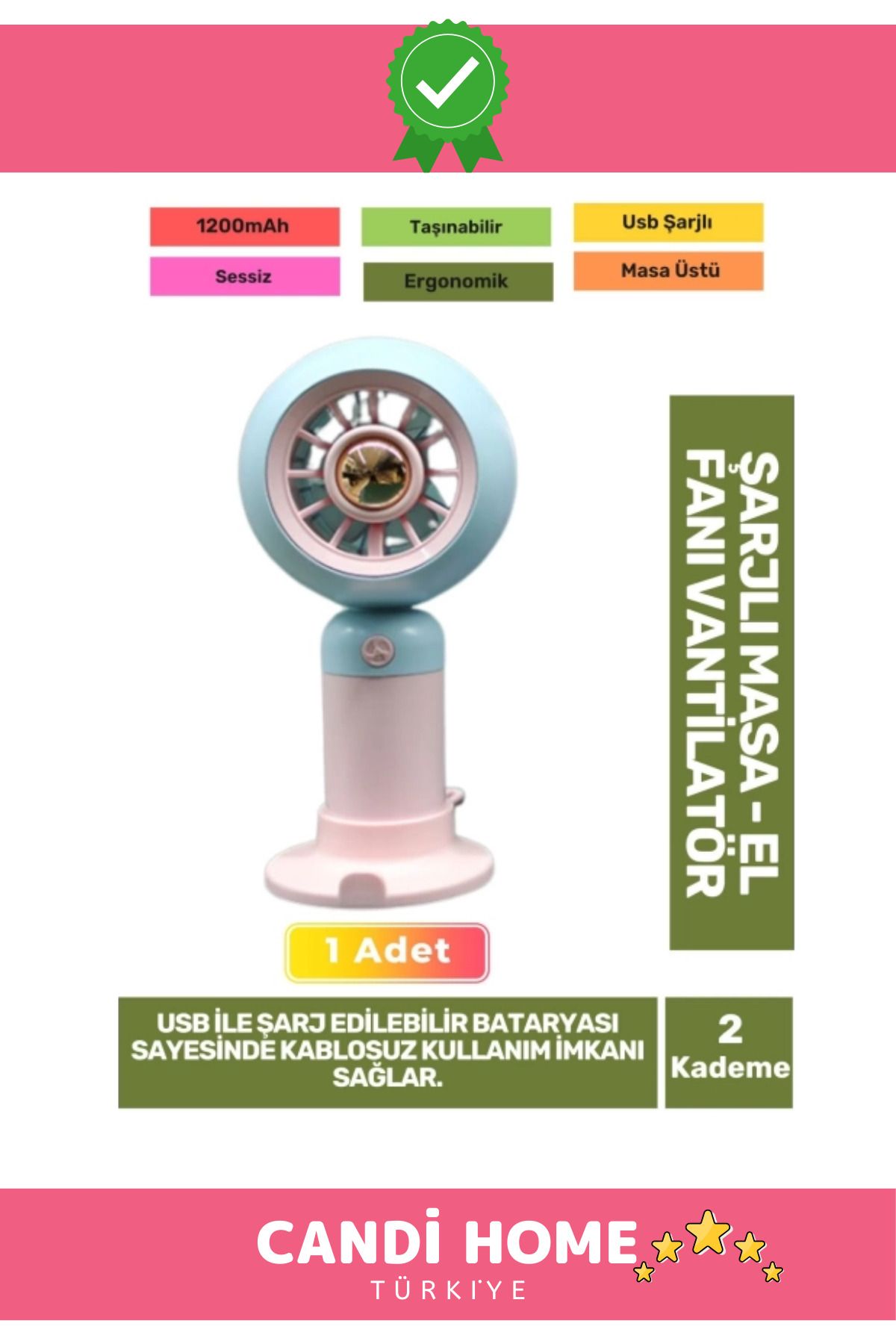 HOBİ CONDİ Premium Sessiz 2 Kademe Kablosuz 1200mAh Pervaneli Taşınabilen Usb Şarjlı Masa El Fanı Vantilatör