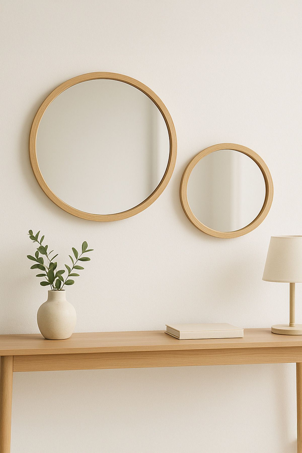 huhuli 2’li İskandinav Ahşap Çerçeveli Yuvarlak Ayna Seti 39 cm & 27 cm – Minimal Dekor