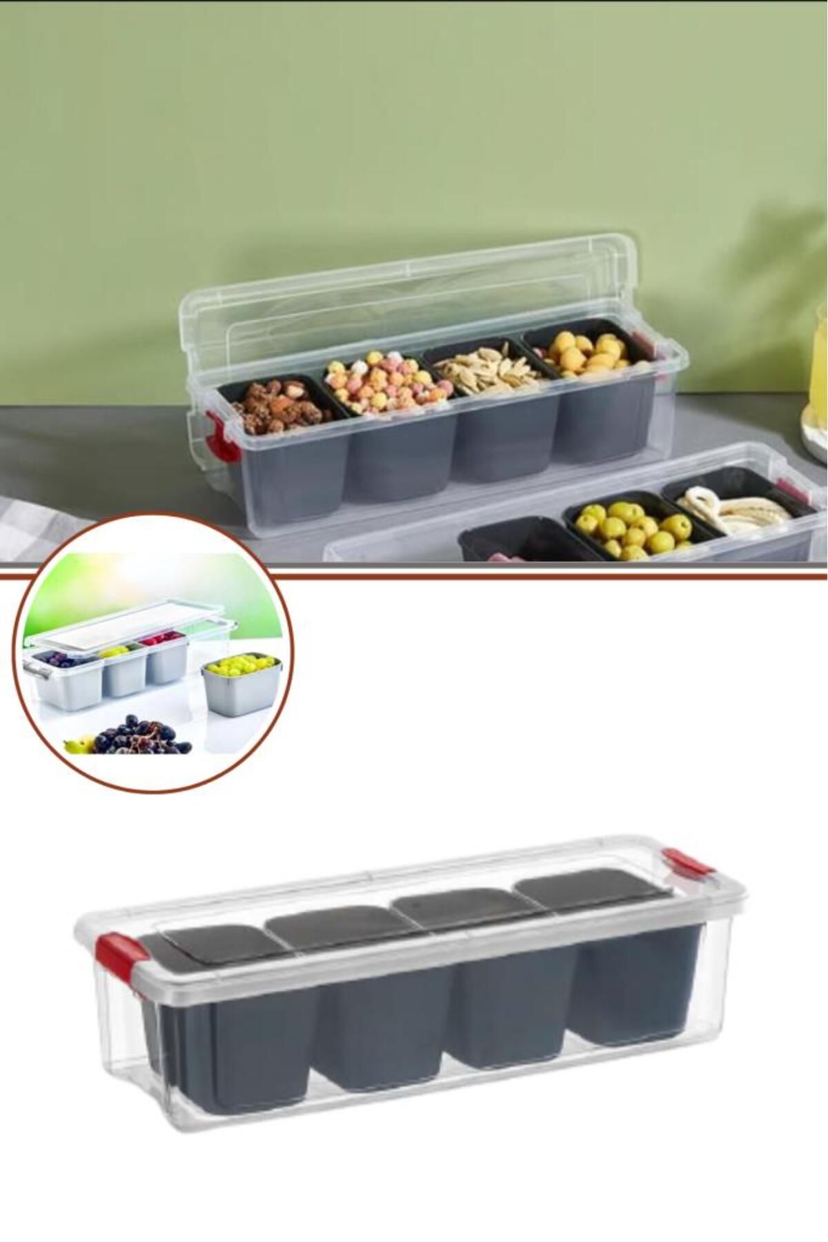 Flora 4 Bölmeli Buzdolabı Saklama Kabı, Kuruyemiş Meyve Takı Baharat Kahvaltı Organizer Kutu 3,4 Lt