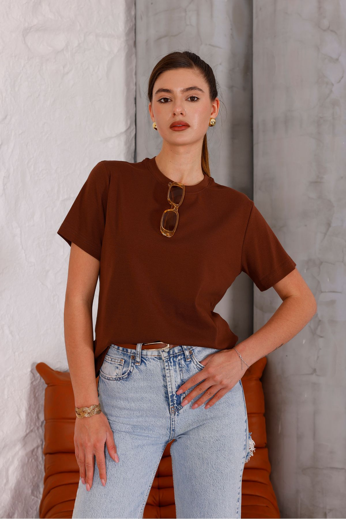 Piyera Kadın Kahverengi Bisiklet Yaka Basic T-shirt - 168