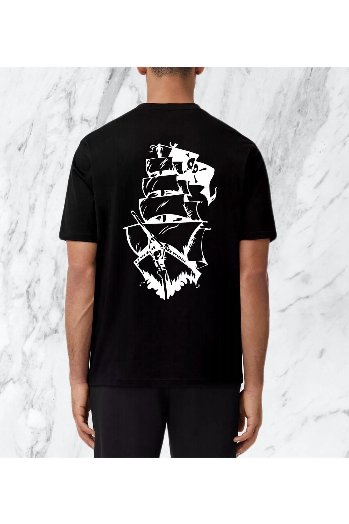 donamod Regular Unisex Sırt Baskılı Korsan Gemi Tasarımlı Siyah Tshirt