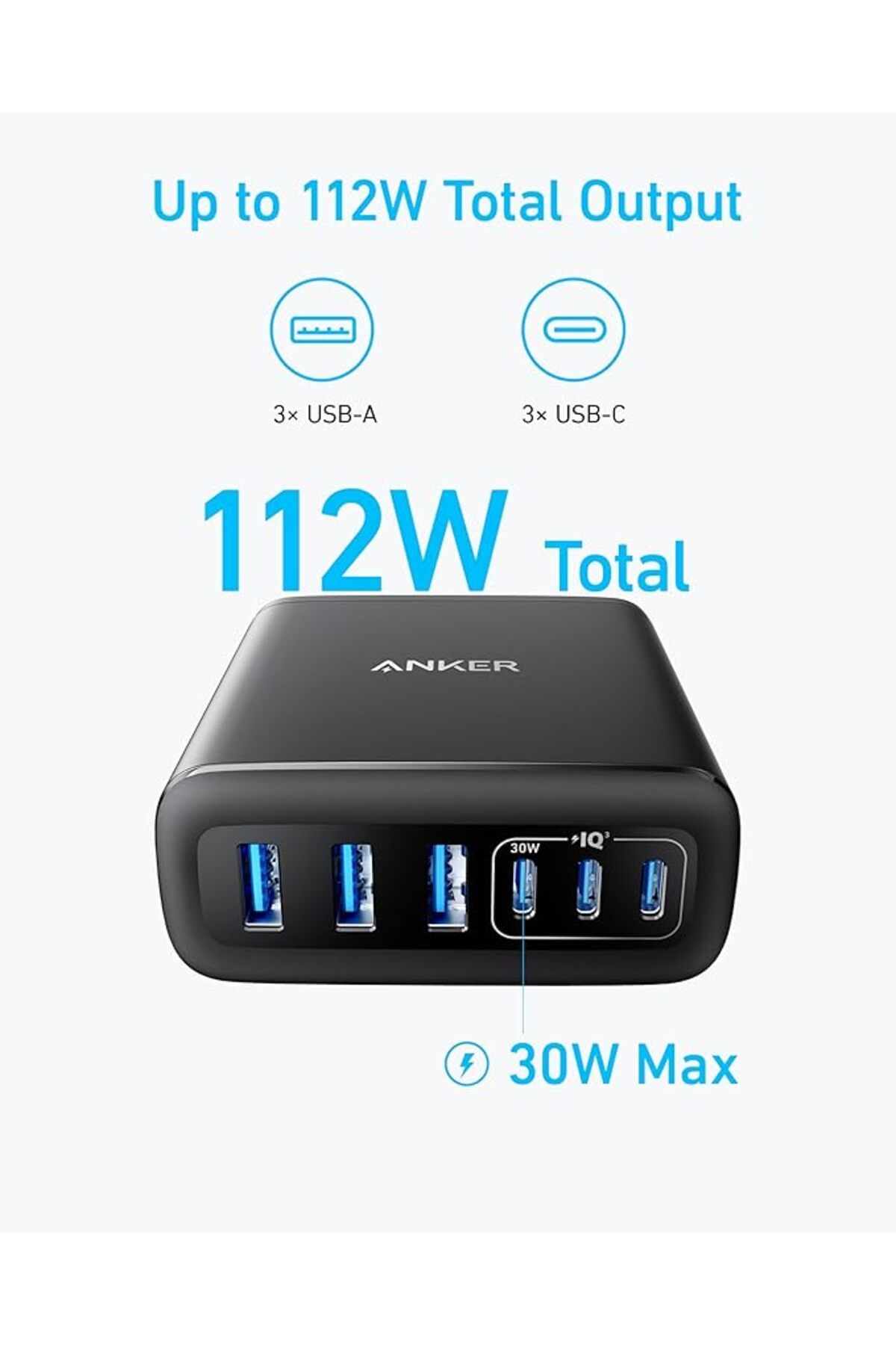 Anker-منصة شحن أنكر بـ 6 منافذ للشحن السريع . الأجهزة، قدرة شحن 60 واط، تقنية PowerlQ متعدد للأداء المثالي 4