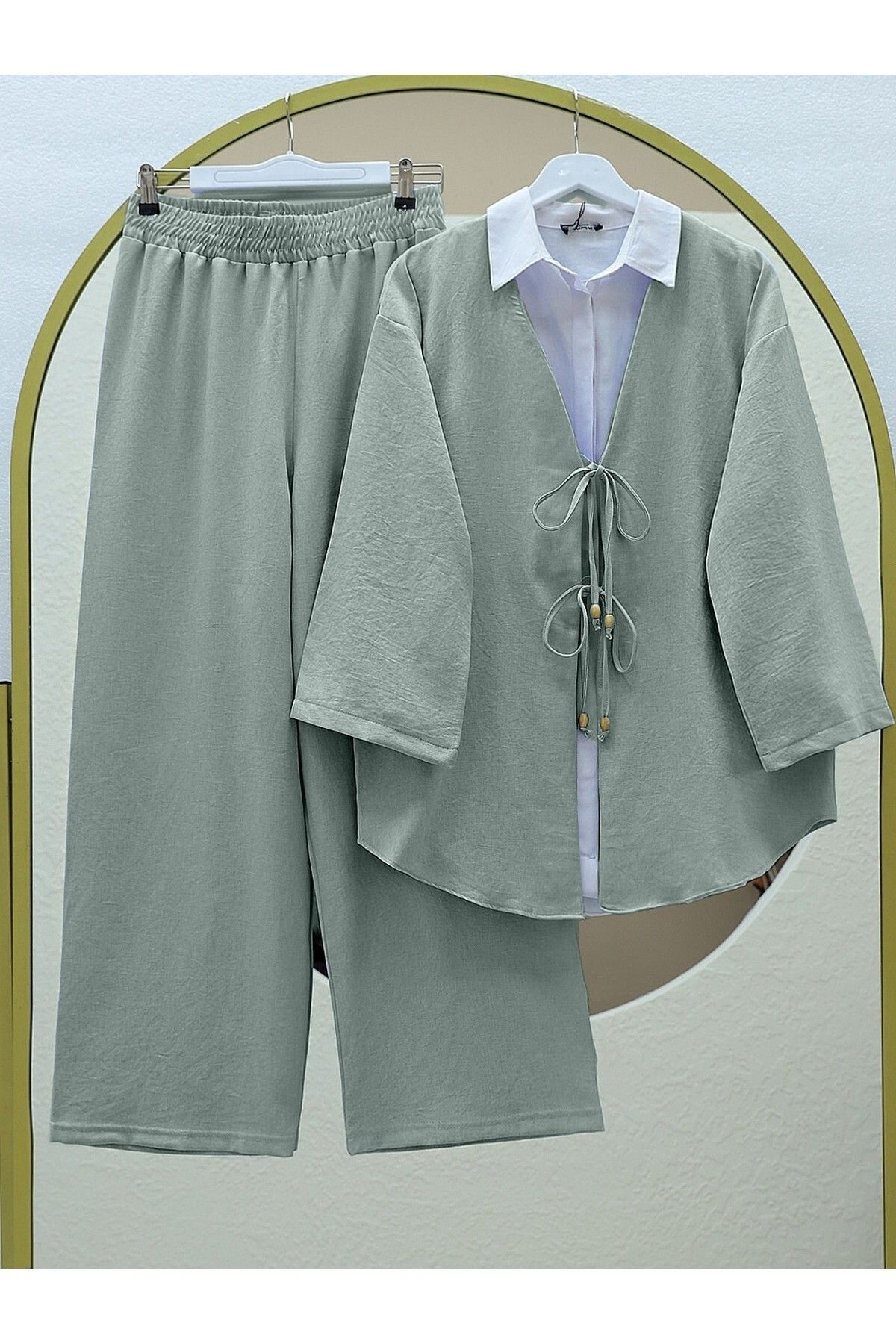 HİJABAYA Önü Çift Bağlamalı Pantolonlu Kimono Takım