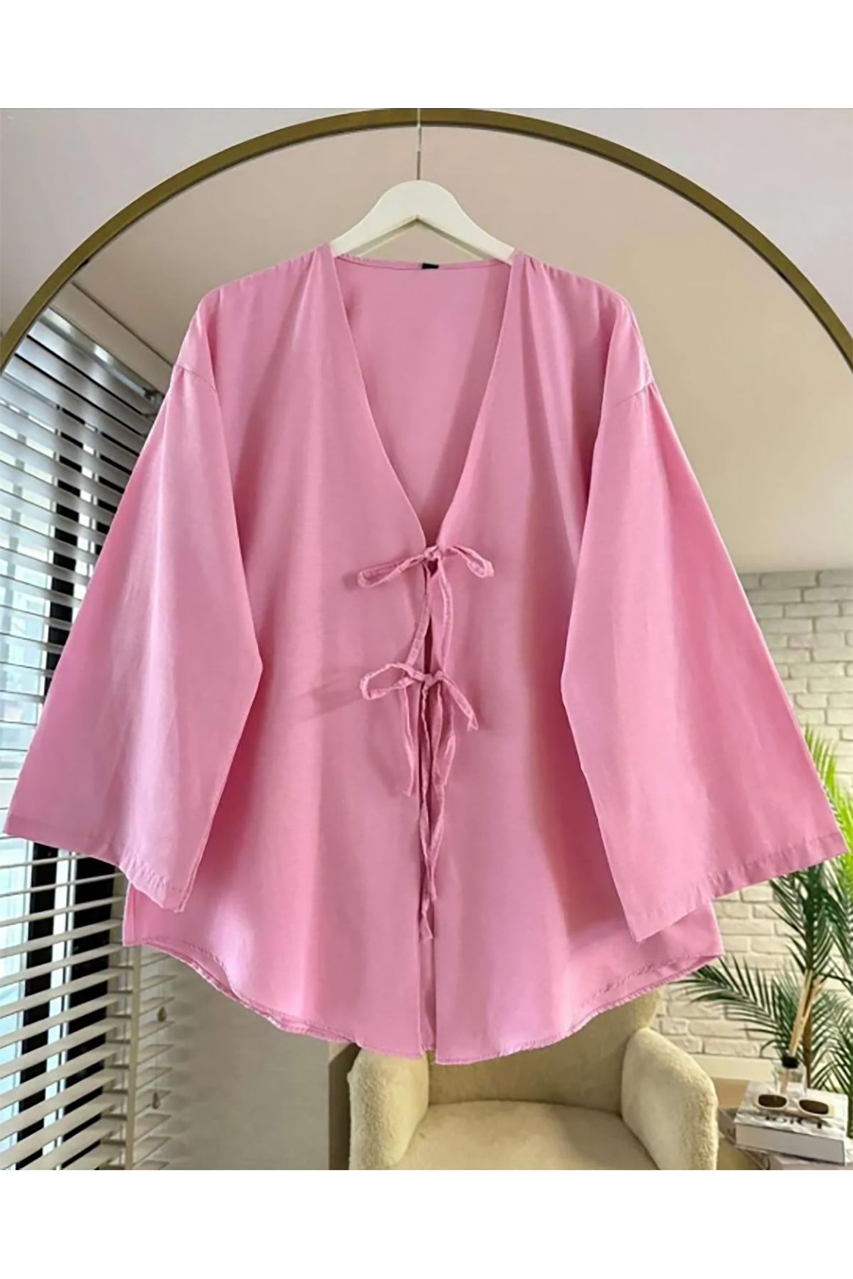 fumel women's clothing Önü Baglamalı Pembe Kimono Tunik