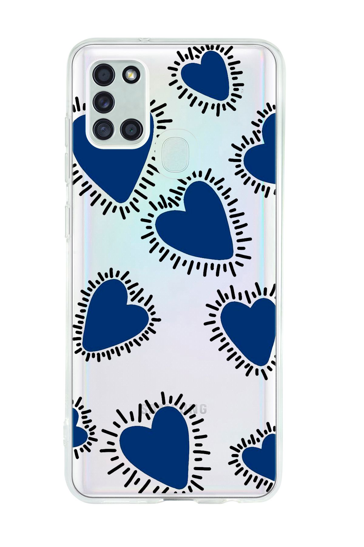 mooodcase Galaxy A21s Uyumlu Çizgili Mavi Kalpler Desenli Şeffaf Silikonlu Telefon Kılıfı