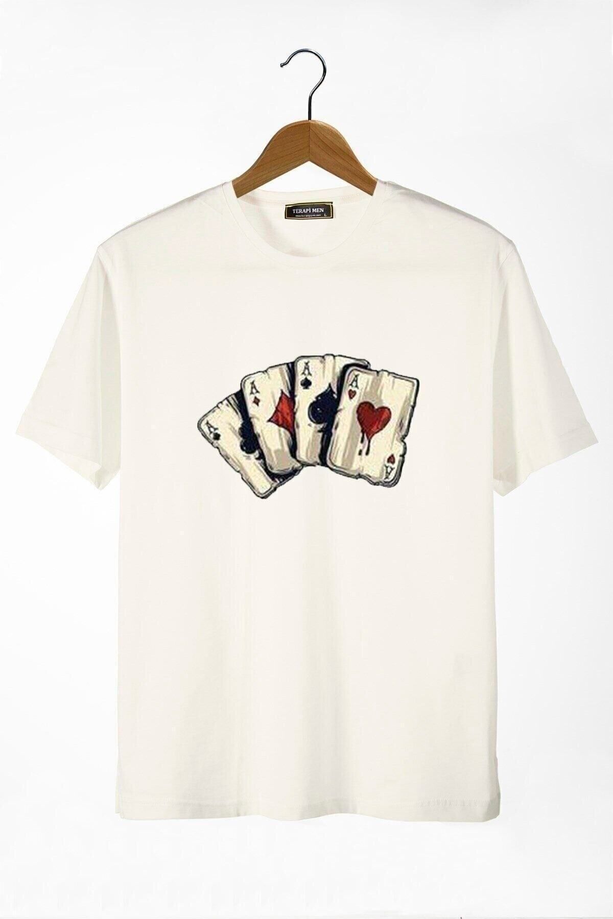 donamod Erkek Ekru Önü Iskambil Kağıdı Baskılı Bisiklet Yaka Oversize T-shirt