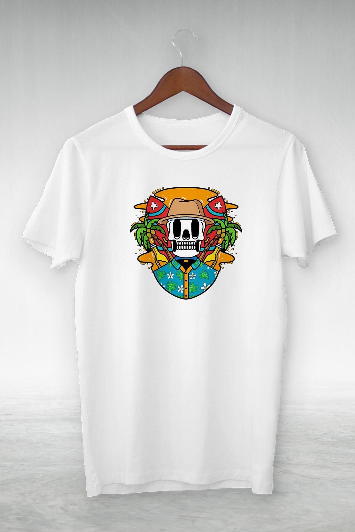 donamod Beyaz Holıday Skeletor Illustrasyon Çizim Vip Tasarım Tshirt