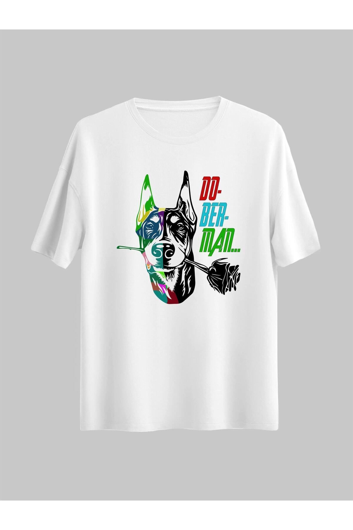 donamod Kadın Doberman Renkli Köpek Tasarım Baskılı Regular Tshirt
