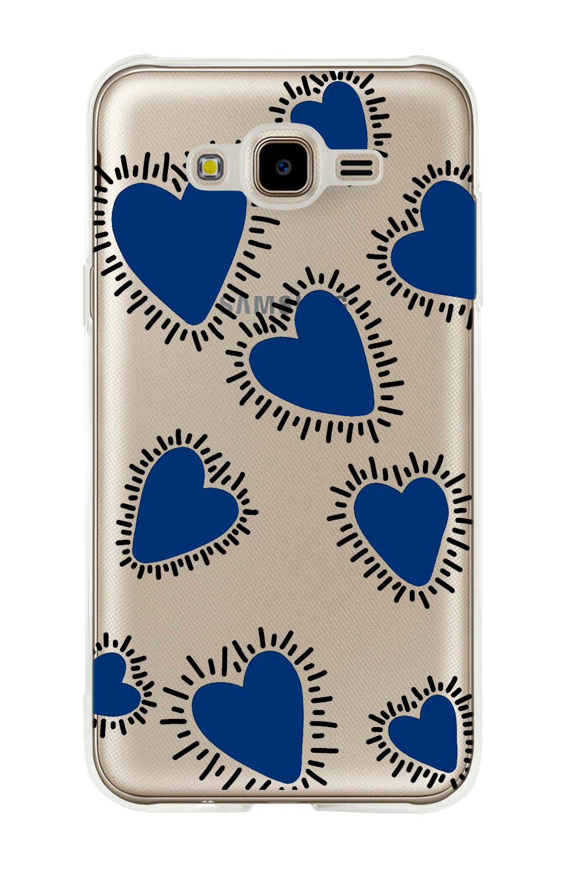 mooodcase Galaxy J7 2015 Uyumlu Çizgili Mavi Kalpler Desenli Şeffaf Silikonlu Telefon Kılıfı