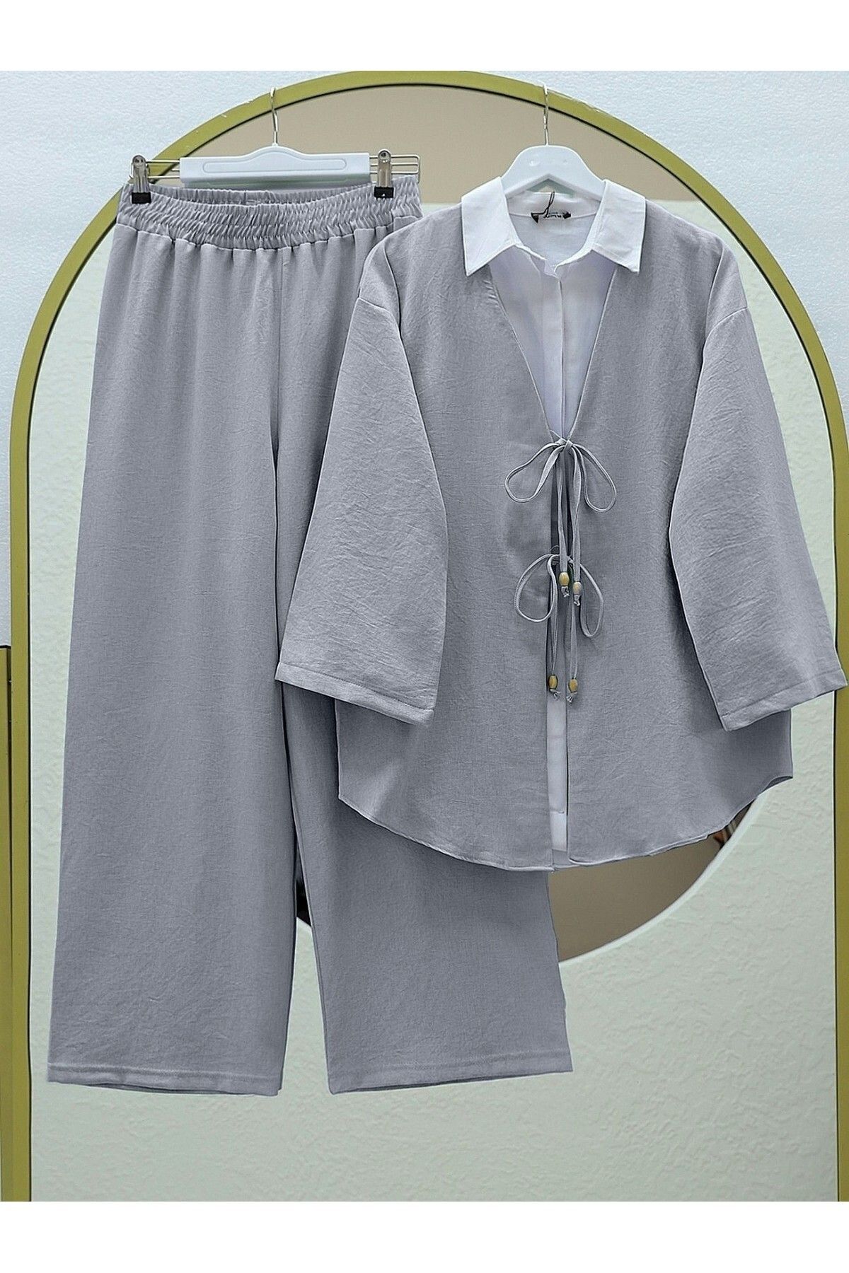 HİJABAYA Önü Çift Bağlamalı Pantolonlu Kimono Takım