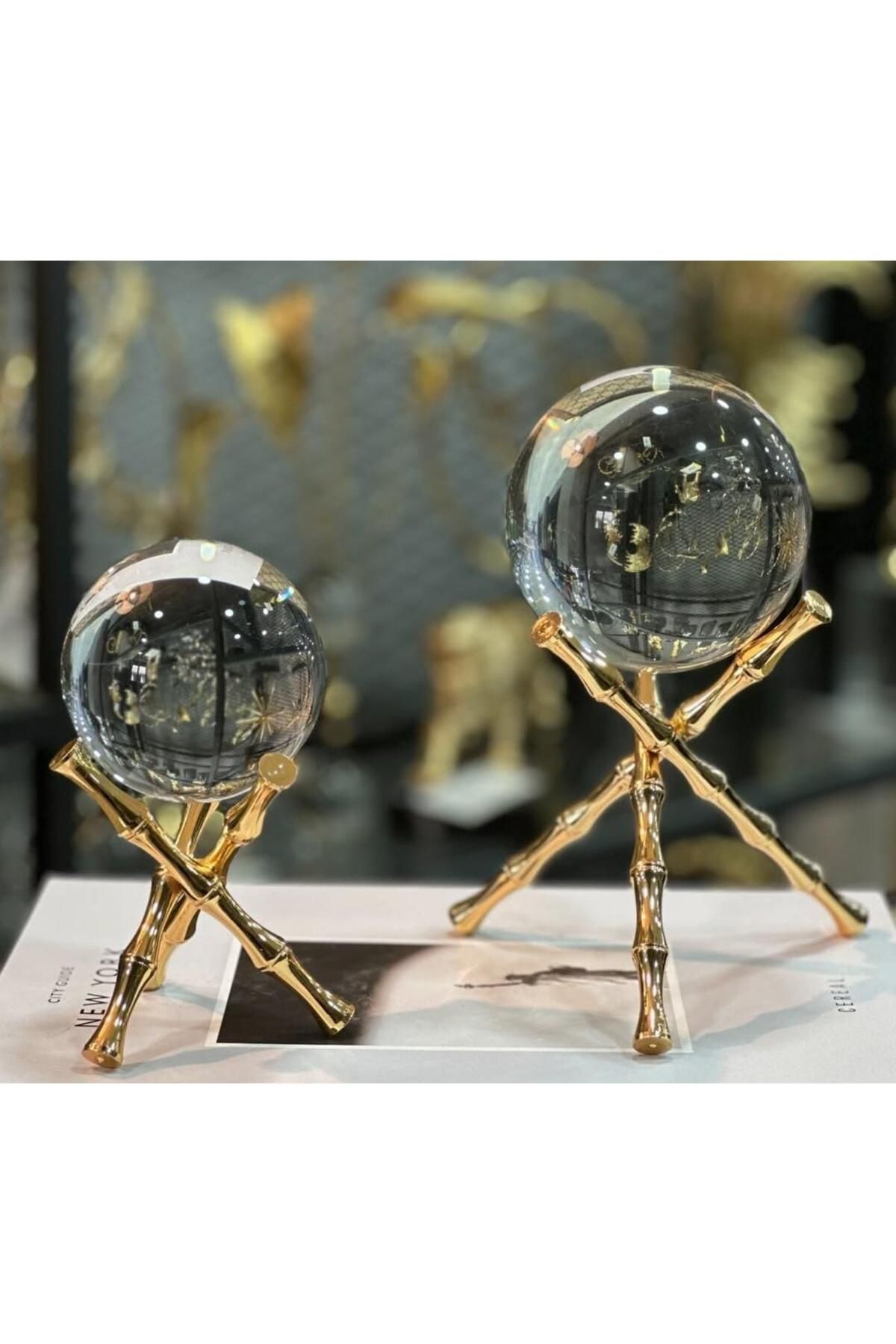 Sümeyra Marble Art Dekoratif Kristal Bambu Gold Cam Obje