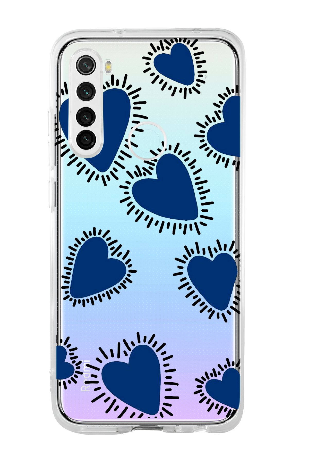 mooodcase Xiaomi Redmi Note 8 Uyumlu Çizgili Mavi Kalpler Desenli Şeffaf Silikonlu Telefon Kılıfı