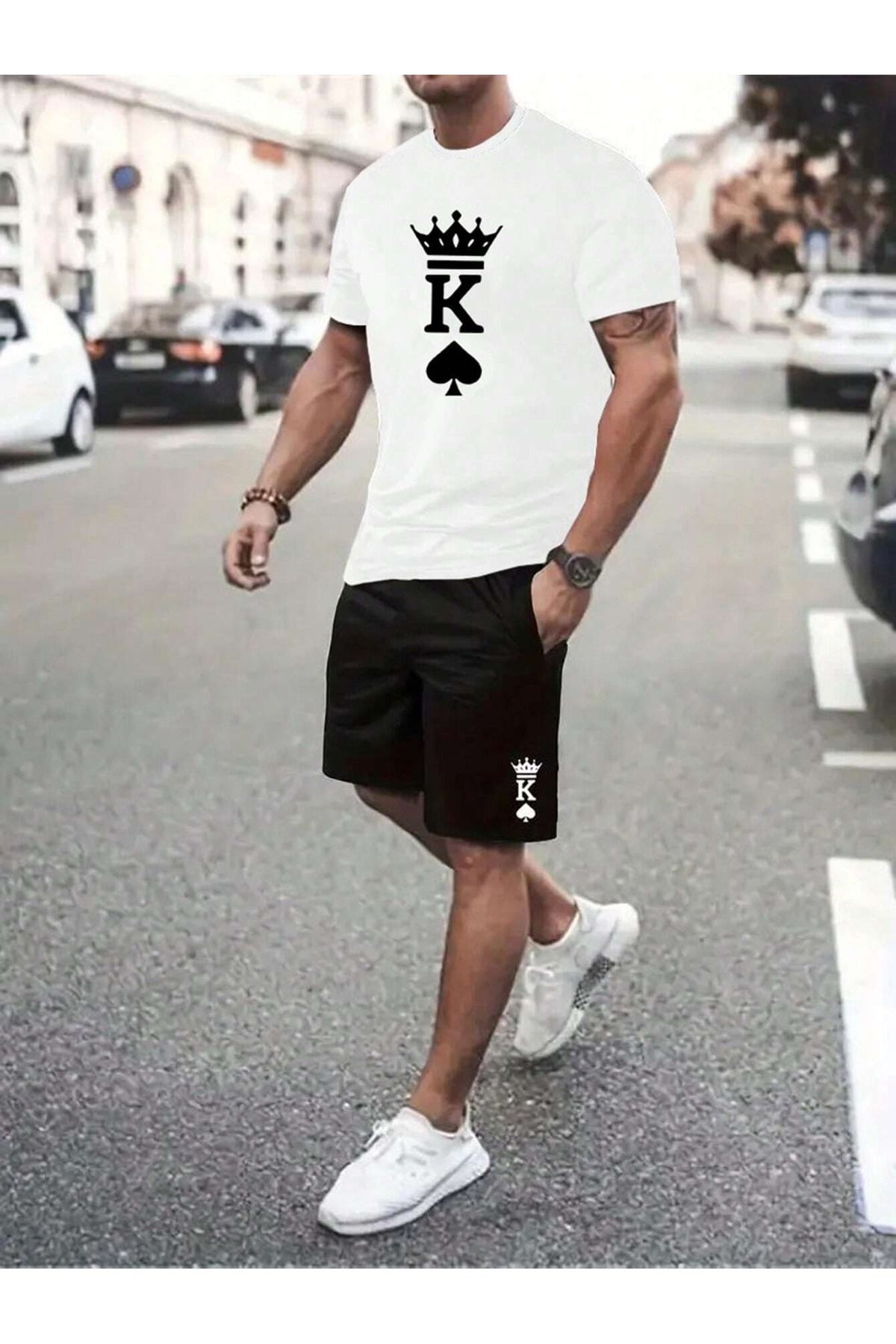 donamod Siyah Beyaz Erkek Overize Poker Kart K Tasarımlı Tişört Şort Kombin